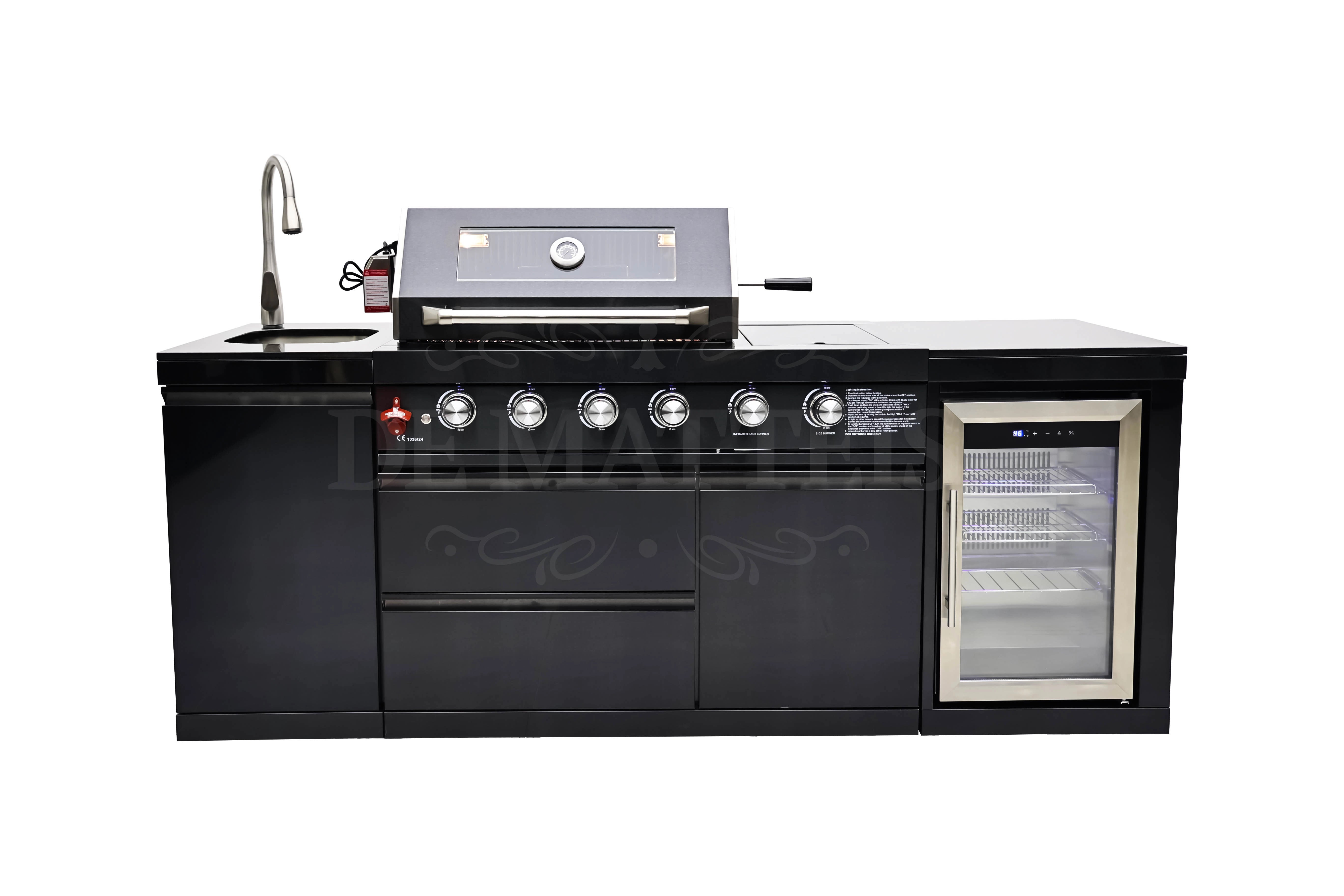 PRO 4 - Cucina da esterno con 4 Fornelli a Gas, Girarrosto, modulo frigo e modulo lavello