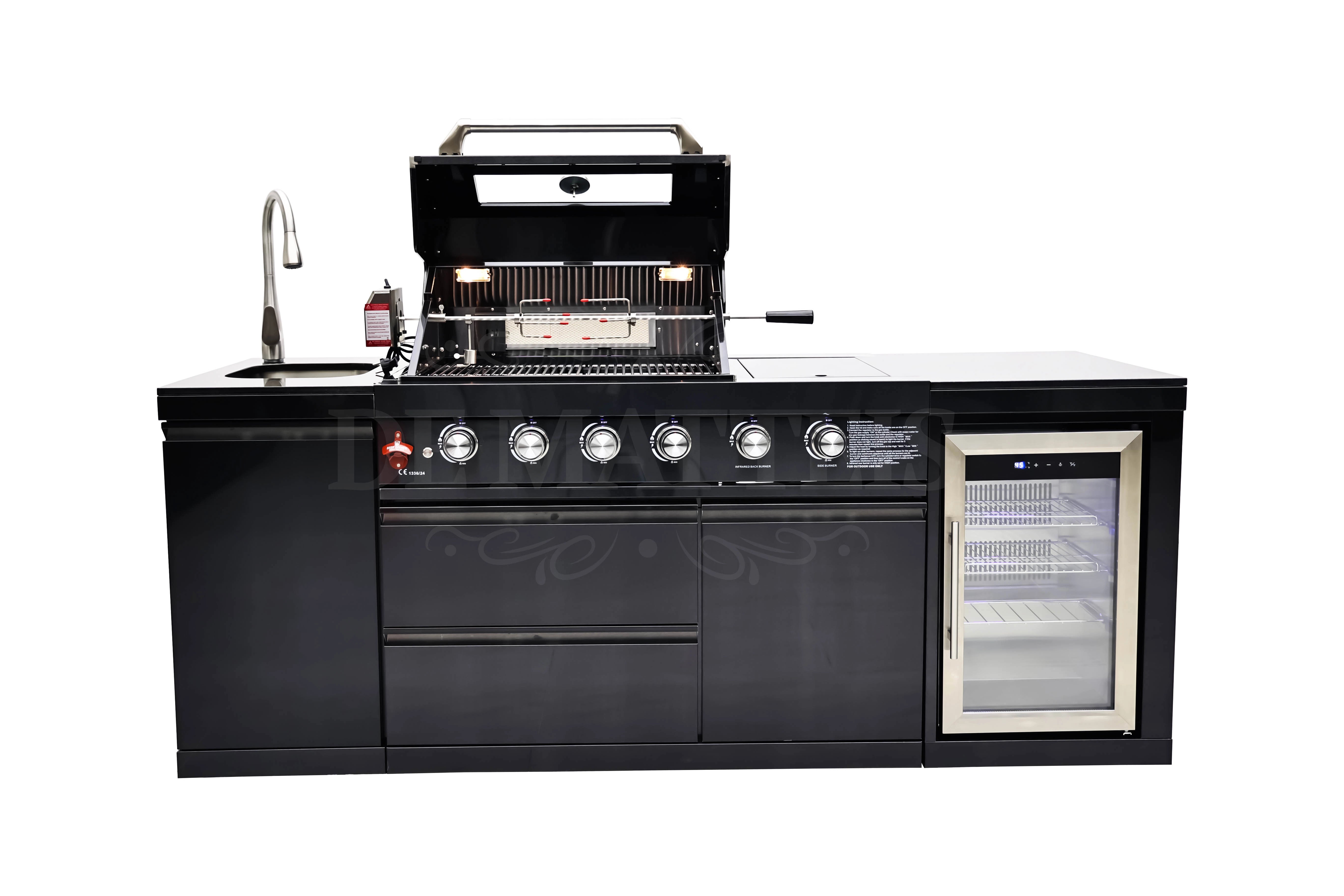 PRO 4 - Cucina da esterno con 4 Fornelli a Gas, Girarrosto, modulo frigo e modulo lavello