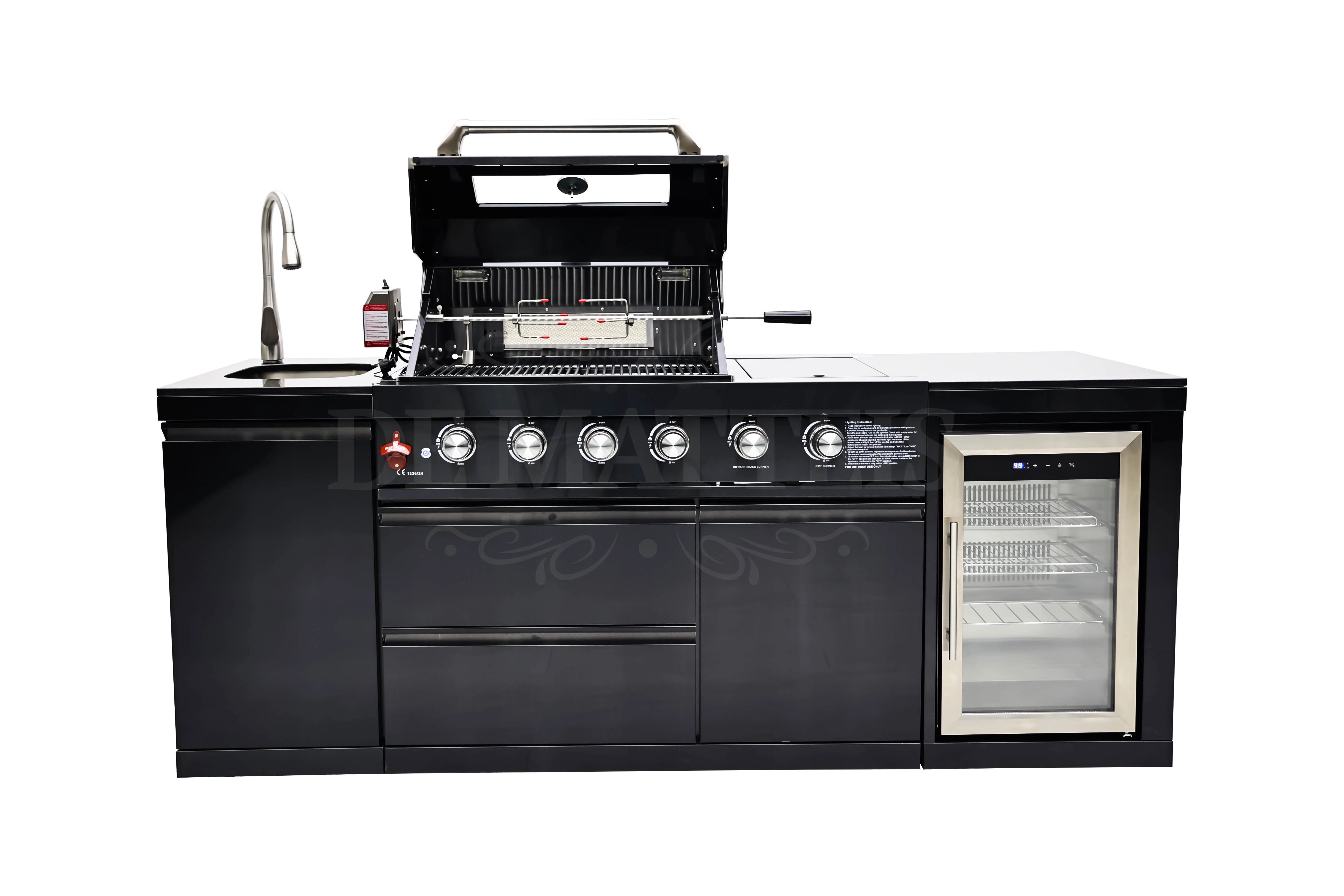 PRO 4 - Cucina da esterno con 4 Fornelli a Gas, Girarrosto, modulo frigo e modulo lavello