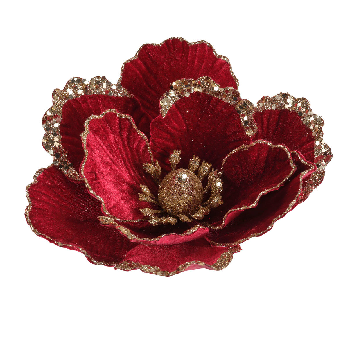 Fiore natalizio oxblood in velluto con petali sfumati e bordo di glitter dorato, centro con pistilli glitterati color oro | DeMatteis.it