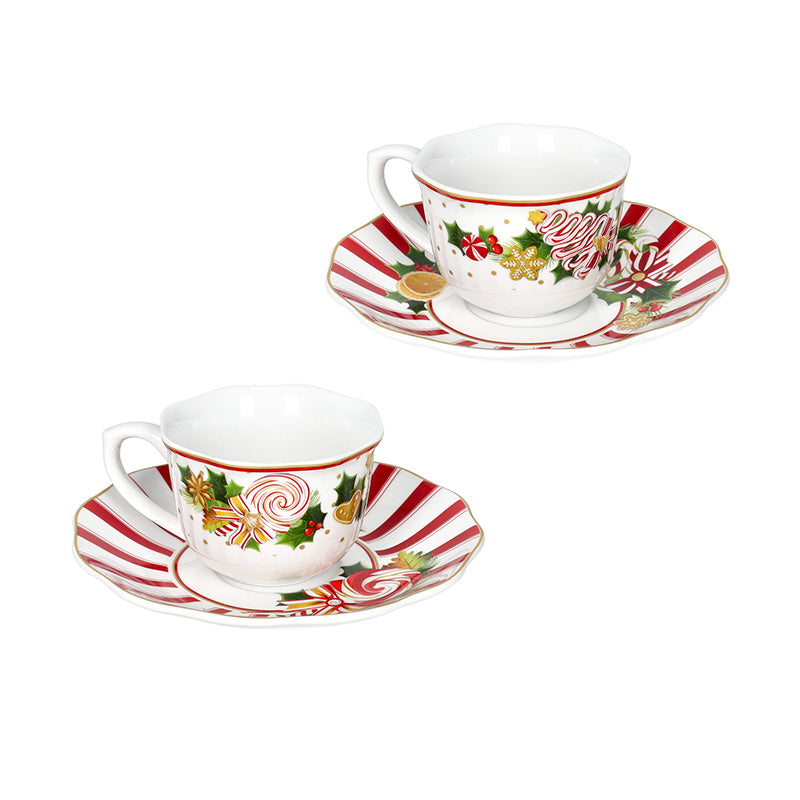 Brandani, Set 2 tazzine caffè Le Chicche in porcellana con piattino, decoro natalizio rosso e bianco a righe con agrifoglio e caramelle, per la tavola di Natale - DeMatteis.it
