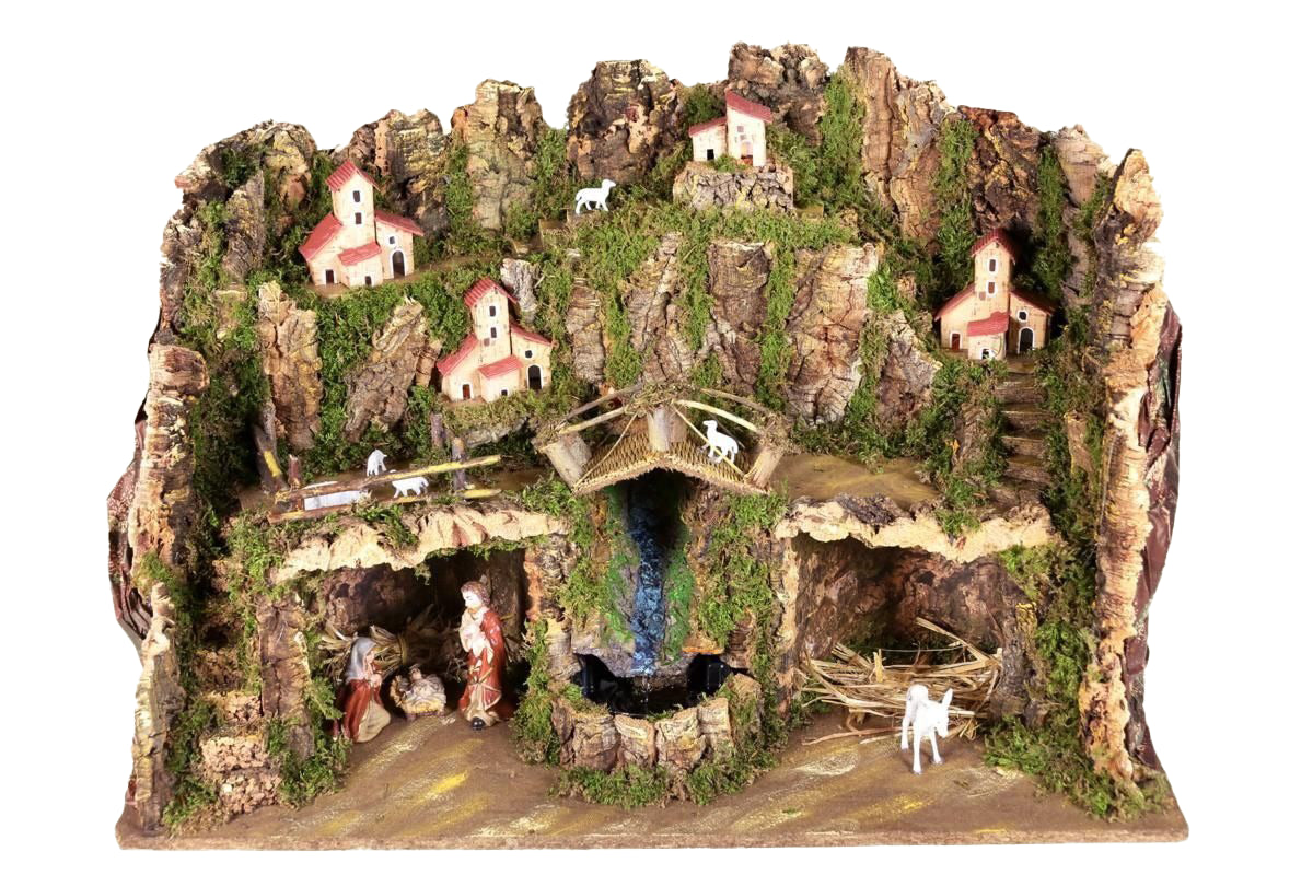 Presepe 60x34x44 cm con luci, natività 6 cm e cascata per decorazioni natalizie - DeMatteis.it