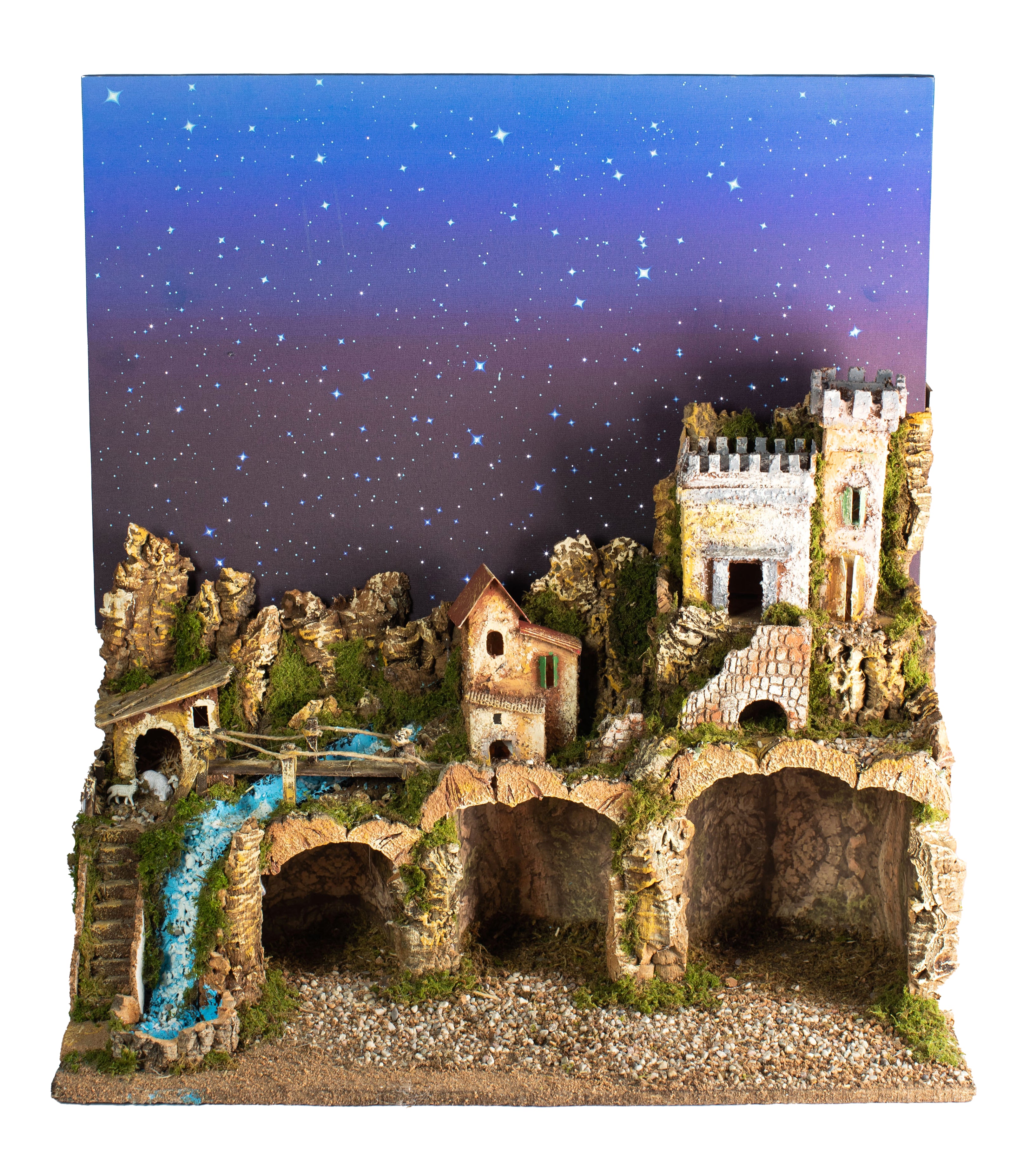 Presepe artigianale 60x34x44 cm con illuminazione cielo stellato e cascata per allestimenti natalizi - DeMatteis.it