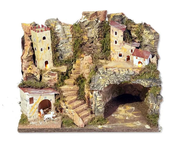 Presepe con luci illuminato 33x18x24 cm decorazione natalizia tradizionale con scenario paesaggistico - DeMatteis.it