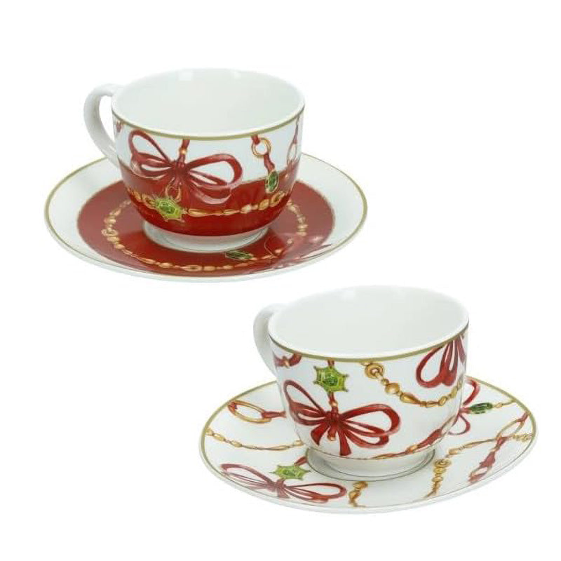 Brandani, Set 2 tazzine da caffè con piattino Gioco di Luci in New Bone China, decoro fiocchi rossi e catene dorate per la tavola di Natale - DeMatteis.it
