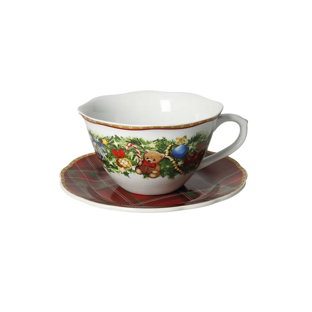 Tazza con piattino in porcellana Tartan Brandani per tè e caffè con decorazioni natalizie - DeMatteis.it