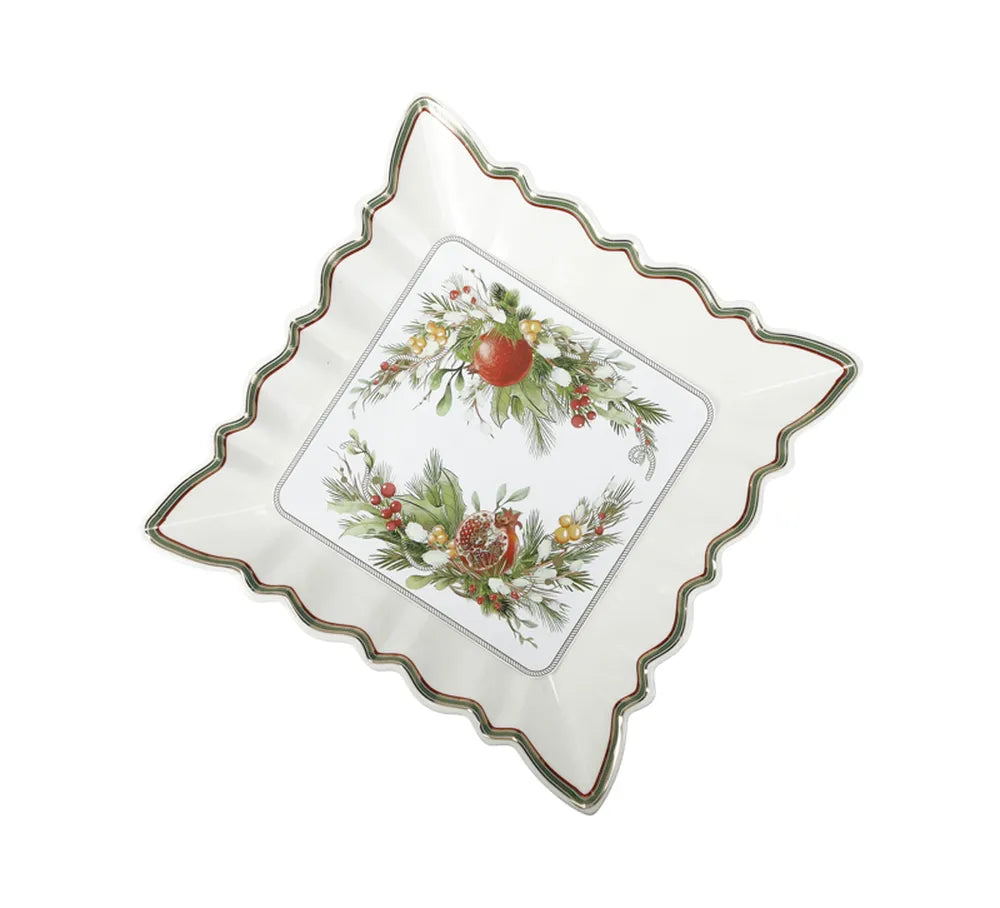 Vassoio Porcellana Quadro Carol Brandani per servire con decorazioni natalizie e bordo sagomato - DeMatteis.it