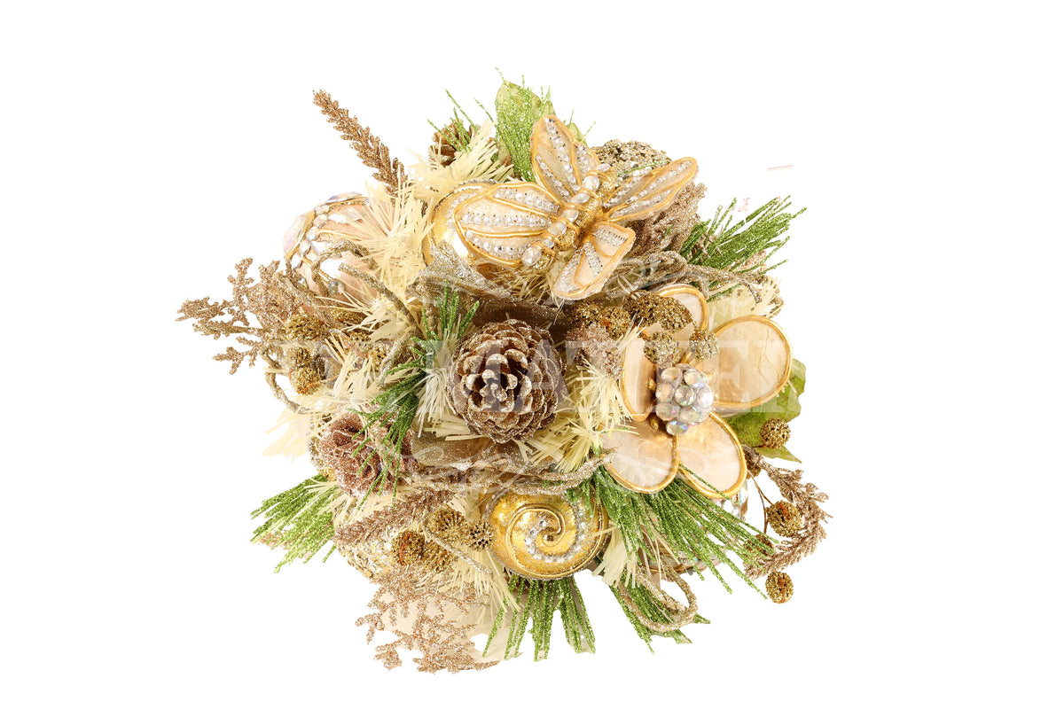 De Matteis, Bouquet Champagne Oro 25x36 cm con fiori dorati, pigne naturali, rametti di abete verde e decorazioni glitterate per addobbi natalizi - DeMatteis.it