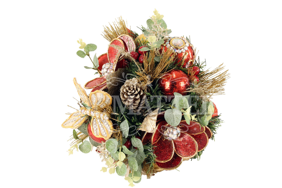 De Matteis, Bouquet rosso oro 25x36 cm con palle natalizie rosse, fiocchi dorati, pigne naturali, spighe dorate e foglie di eucalipto per decorazione natalizia - DeMatteis.it