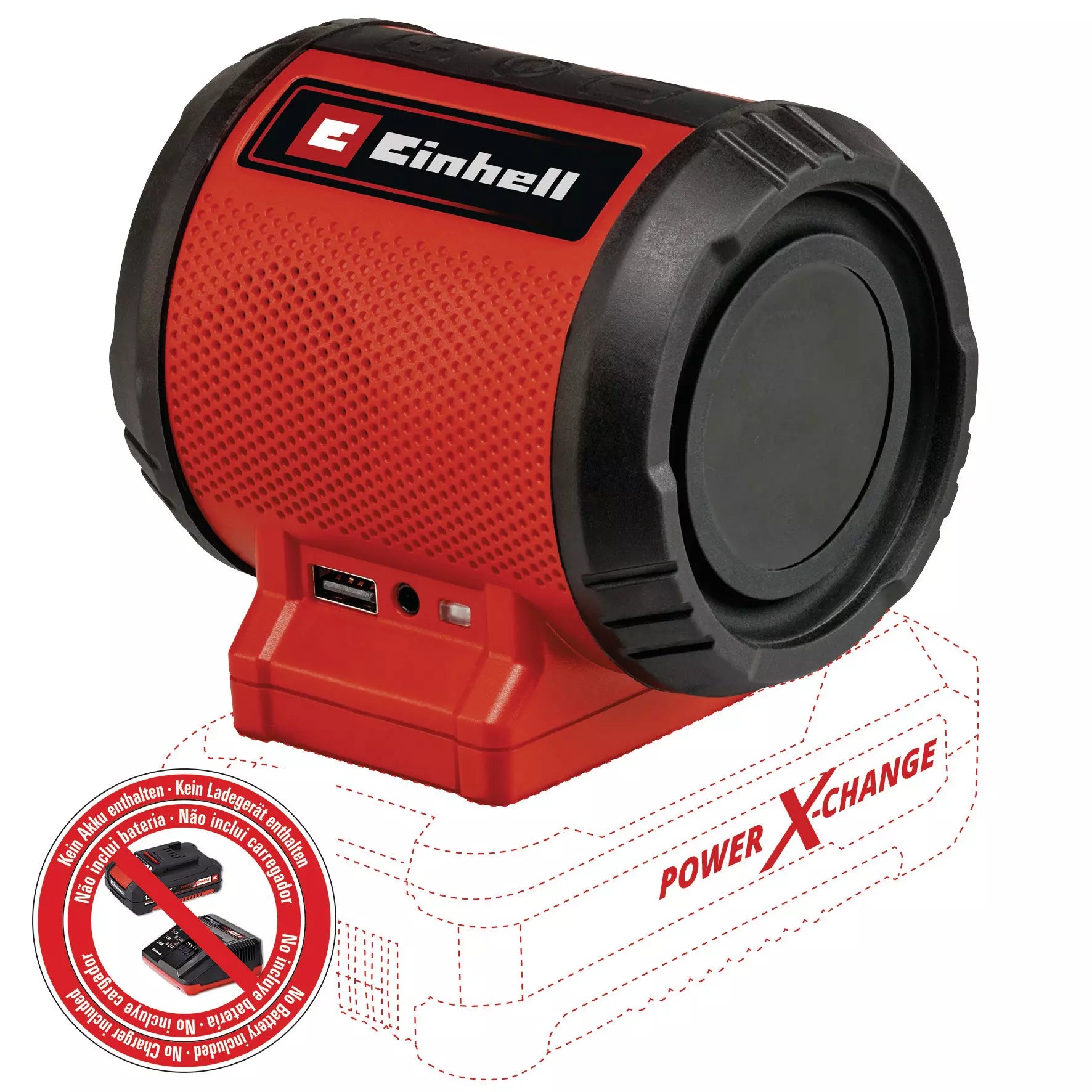 Altoparlante TC SR 18 Li BT Einhell con design robusto rosso e nero, parte del sistema Power X-Change, dotato di connessione Bluetooth, porta USB e ingresso AUX per massima versatilità audio. | Dematteis.it