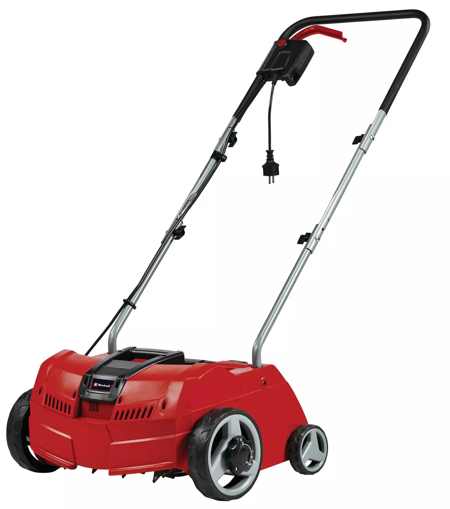 Arieggiatore elettrico GC ES 1231/1 Einhell con motore da 1.200W, rullo con 8 coltelli doppi, regolazione a 3 livelli e impugnatura ripiegabile, ideale per prati fino a 300 m². | Dematteis.it