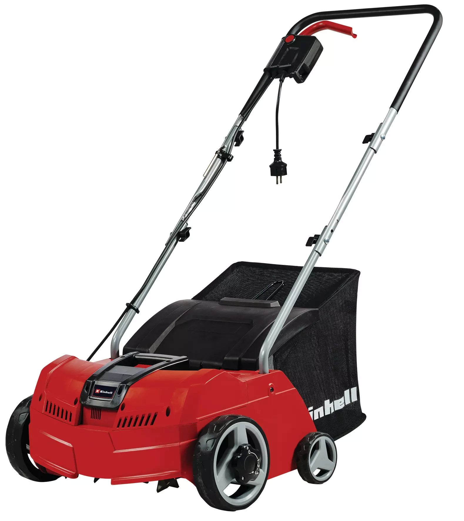 Arieggiatore elettrico GC-SA 1231/1 Einhell con corpo rosso, impugnatura ergonomica pieghevole e sacco di raccolta da 28 litri, ideale per l'aerazione e scarificazione di prati fino a 300 m². | Dematteis.it
