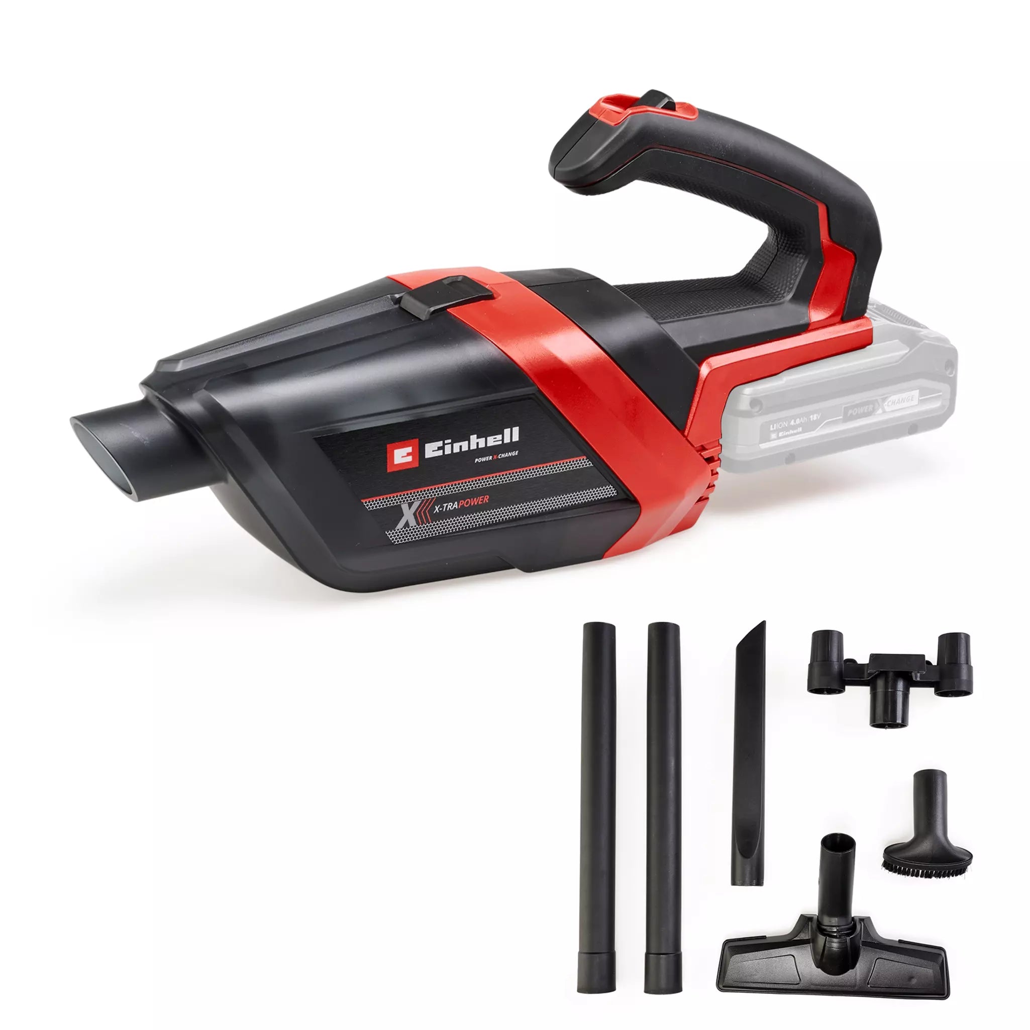 Aspirapolvere TE HV 18/06 Li Einhell con design ergonomico nero-rosso, sistema a batteria Power X-Change, dotato di accessori versatili per la pulizia di pavimenti, tappezzeria e angoli difficili da raggiungere. | Dematteis.it