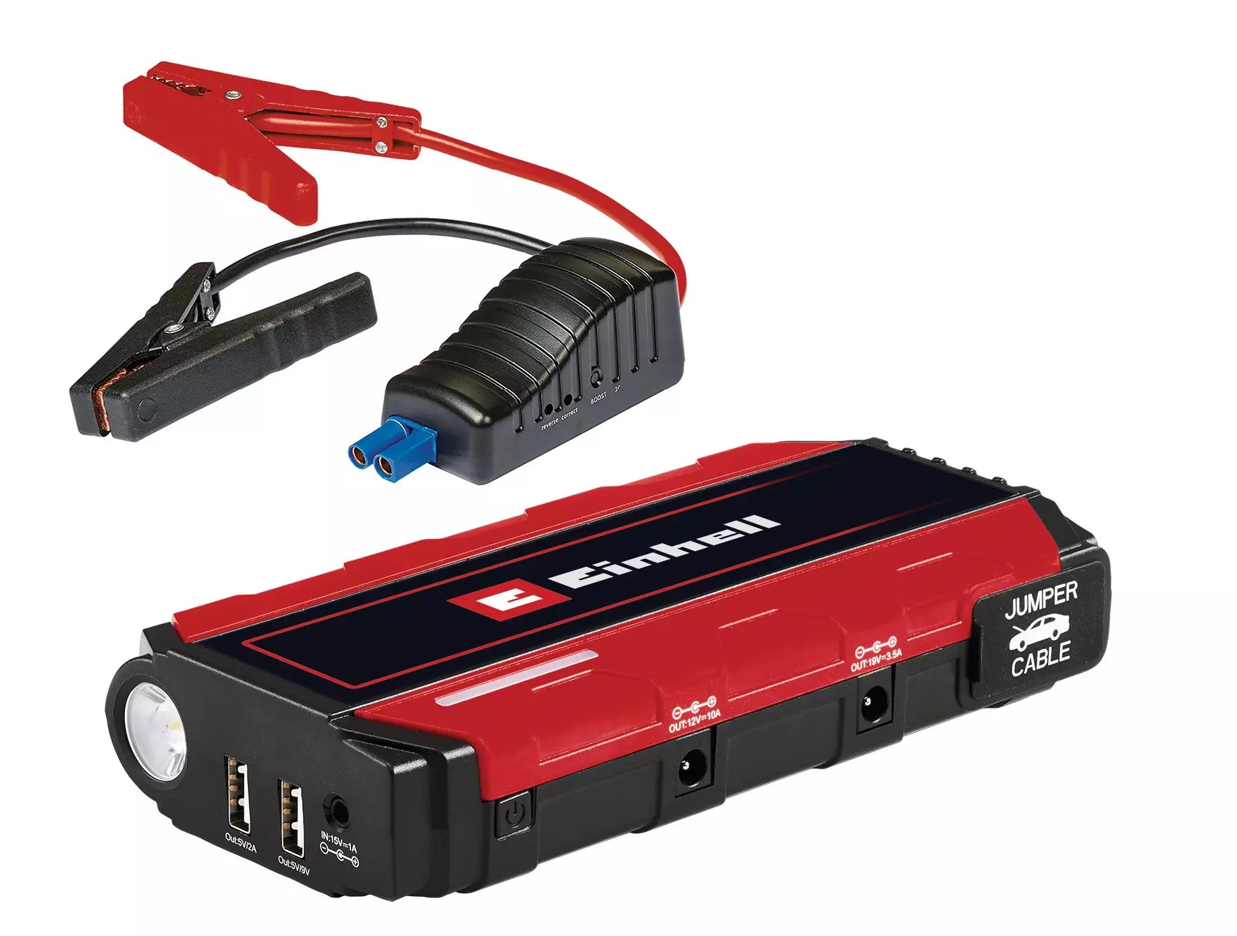 Avviatore power bank CE-JS 12/1 Einhell con batteria LiPo 3x3700 mAh, morsetti isolati, torcia LED integrata e multiple porte di ricarica per dispositivi elettronici, in elegante design rosso e nero. | Dematteis.it