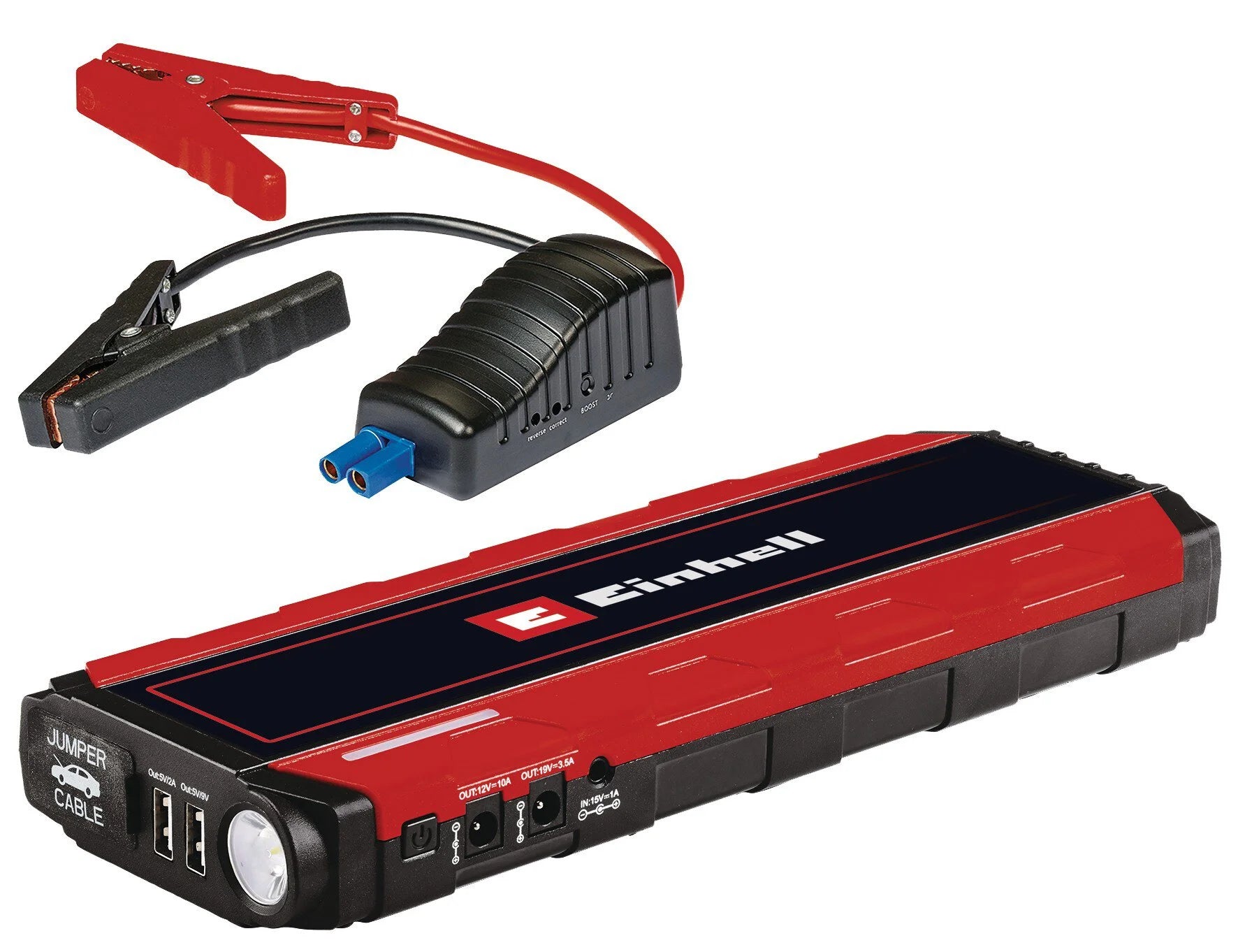 Avviatore power bank CE-JS 18 Einhell rosso e nero con pinze per batteria, porta USB e luce LED integrata, ideale per emergenze automobilistiche e ricarica dispositivi elettronici. | Dematteis.it