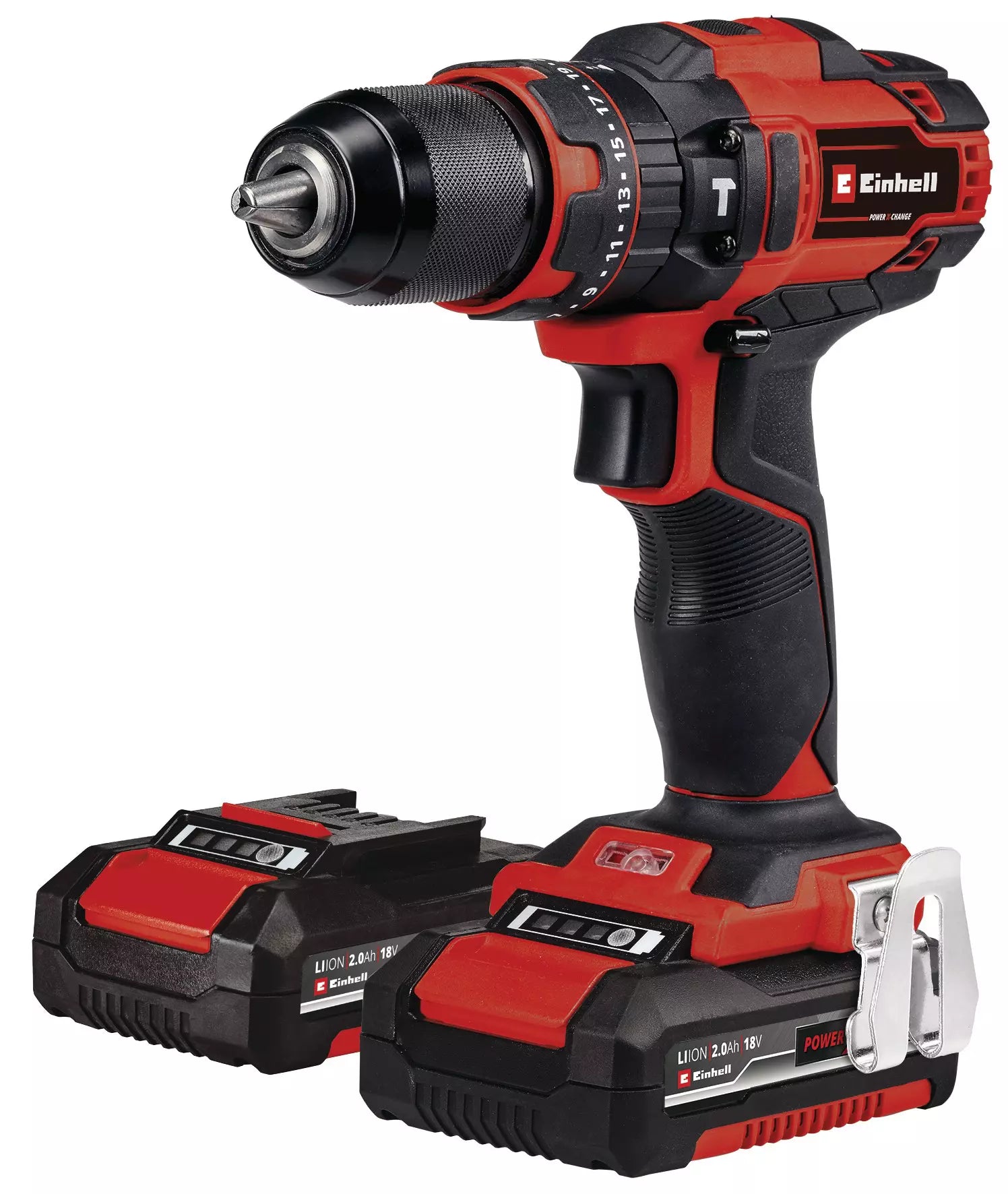 Avvitatore TE-CD 18/40 Li-i Einhell con impugnatura ergonomica in colorazione rosso-nera, completo di due batterie da 2,0 Ah Power X-Change, ideale per lavori di avvitatura e foratura domestici. | Dematteis.it