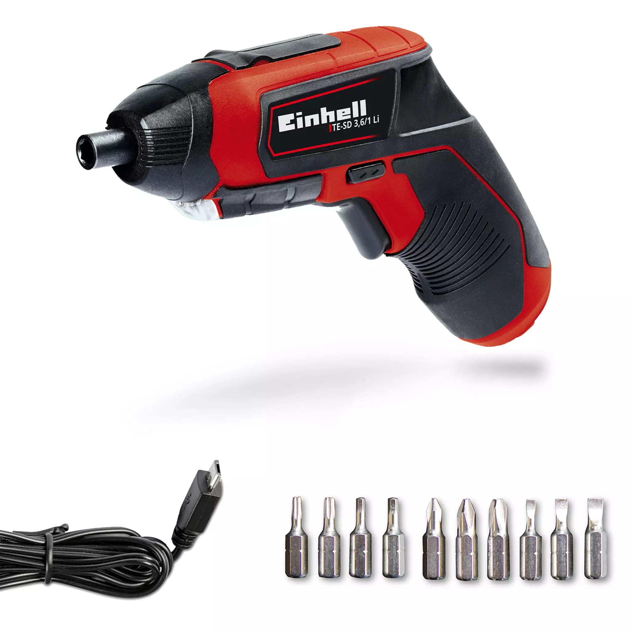 L'avvitatore Einhell TE-SD 3,6/1 Li con impugnatura ergonomica Softgrip, illuminazione LED integrata, caricatore micro-USB e set completo di 10 inserti, ideale per lavori domestici di precisione. | Dematteis.it
