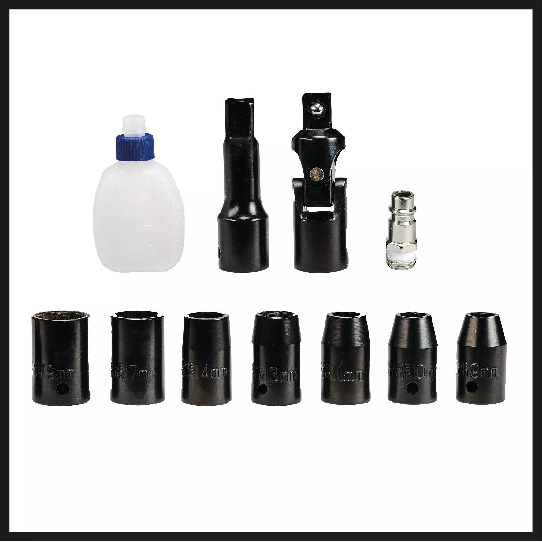 Kit completo avvitatore pneumatico TC PR 68 di Einhell con sette chiavi a bussola, prolunga, snodo cardanico, flacone d'olio e raccordo rapido, fornito in valigetta per un trasporto sicuro. | Dematteis.it