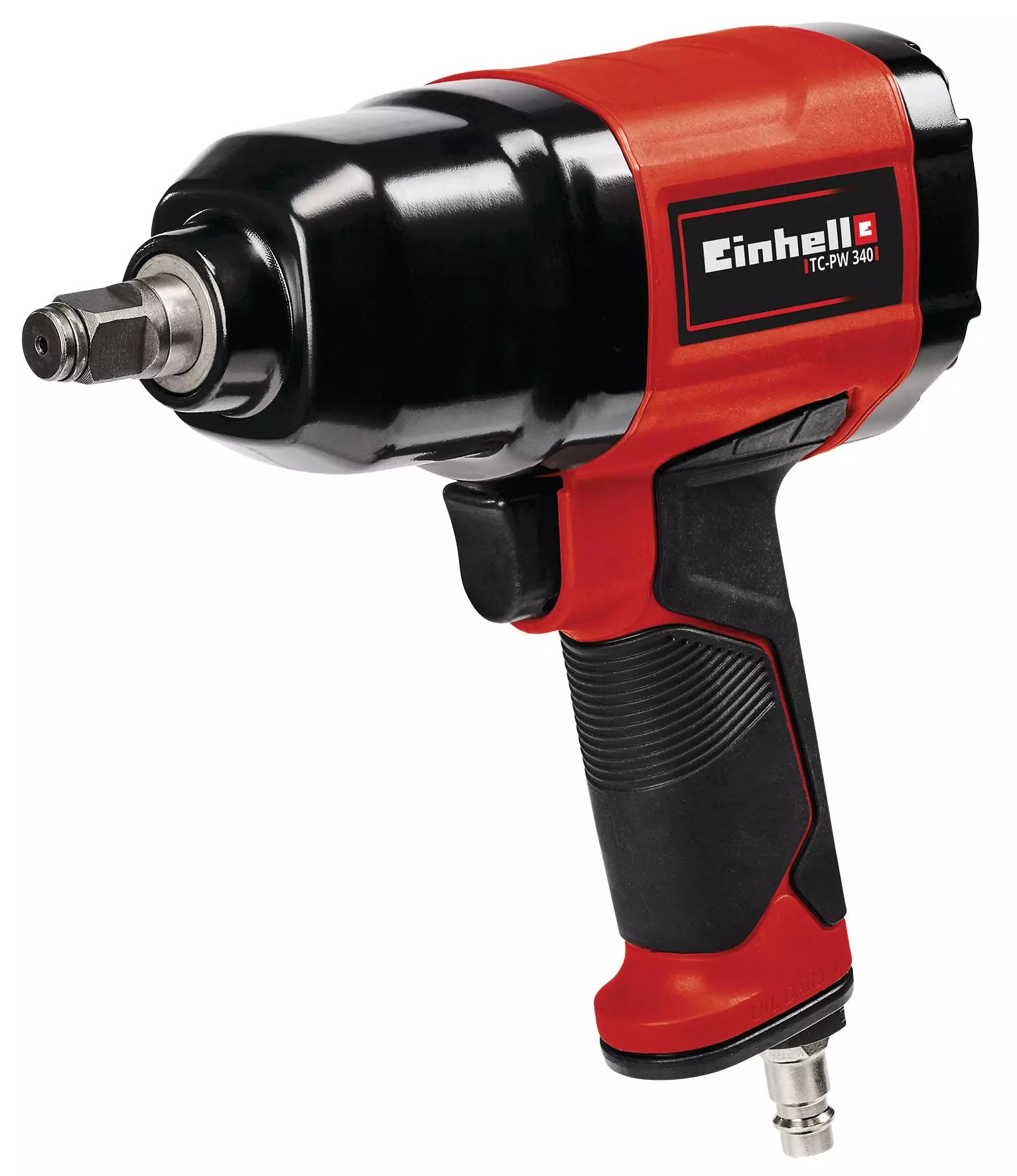Avvitatore pneumatico TC PW 340 di Einhell in colorazione rosso e nero con impugnatura ergonomica gommata, attacco per aria compressa e potente meccanismo a percussione da 340 Nm di coppia. | Dematteis.it