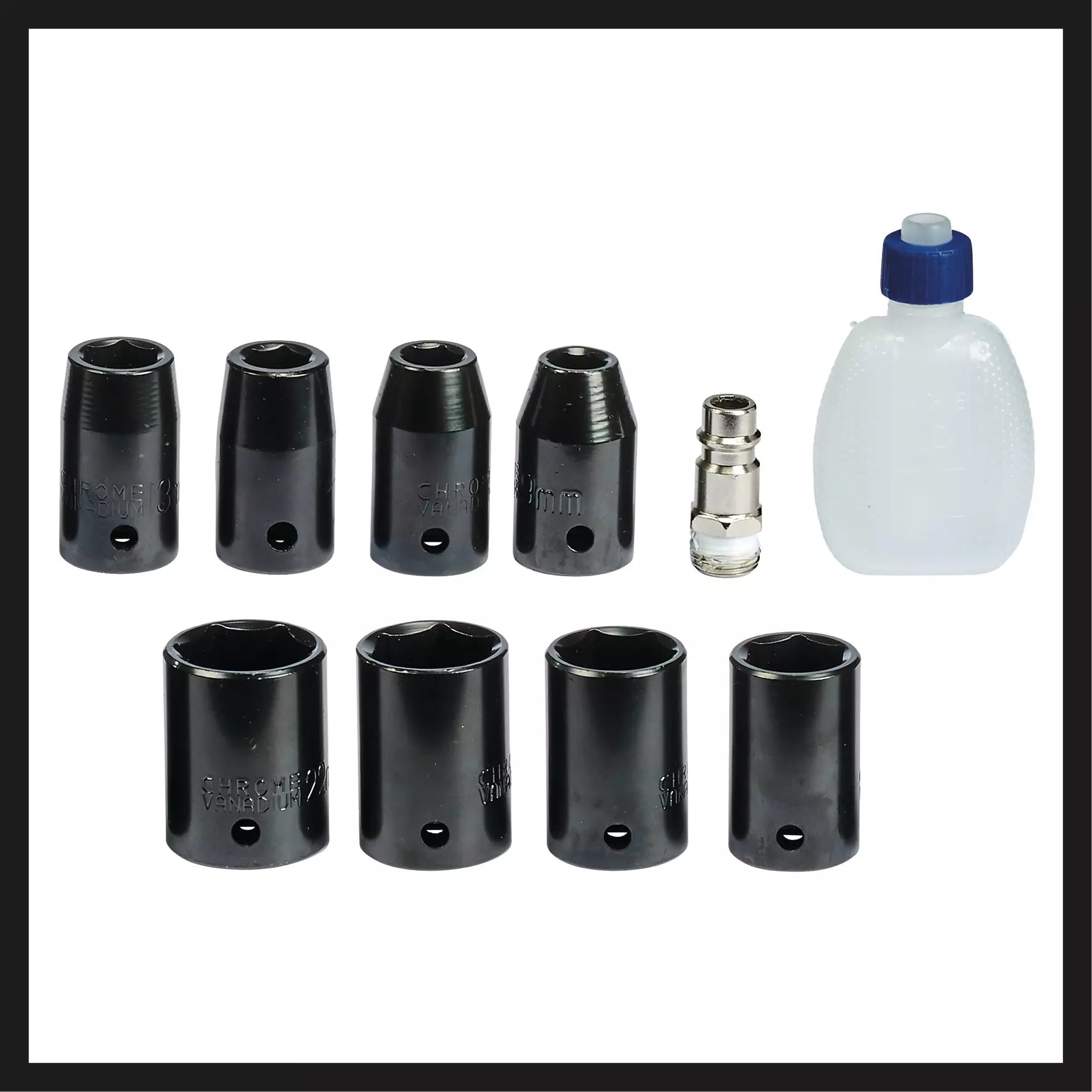 Set completo avvitatore pneumatico TC PW 340 Einhell con 8 inserti a bussola di diverse dimensioni, raccordo rapido per l'aria compressa e boccetta d'olio per la manutenzione dell'utensile. | Dematteis.it