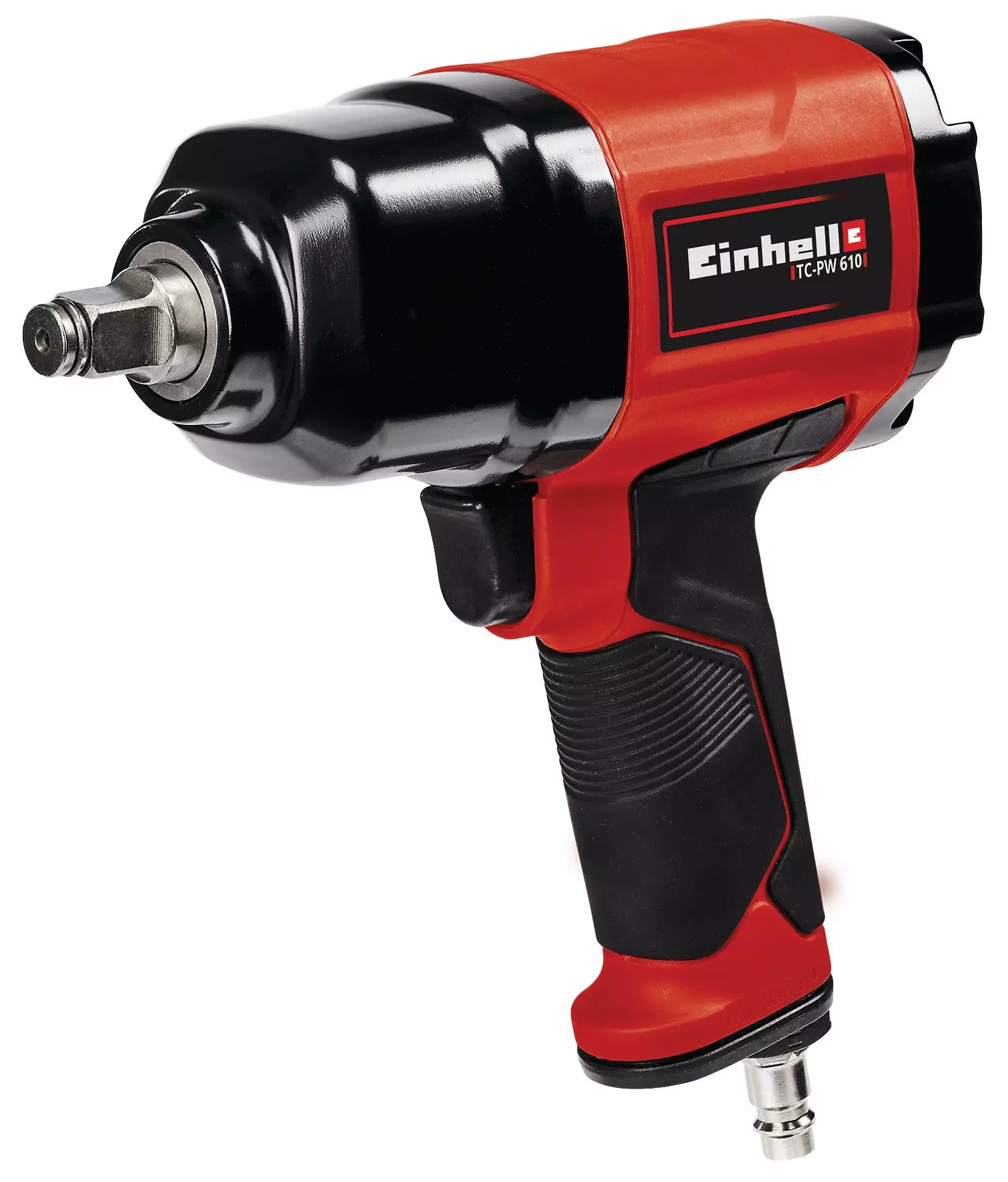 Avvitatore pneumatico TC PW 610 di Einhell con corpo rosso-nero ergonomico, impugnatura gommata antiscivolo e attacco per bussole da 1/2" per una coppia massima di 610 Nm in applicazioni professionali e fai-da-te. | Dematteis.it