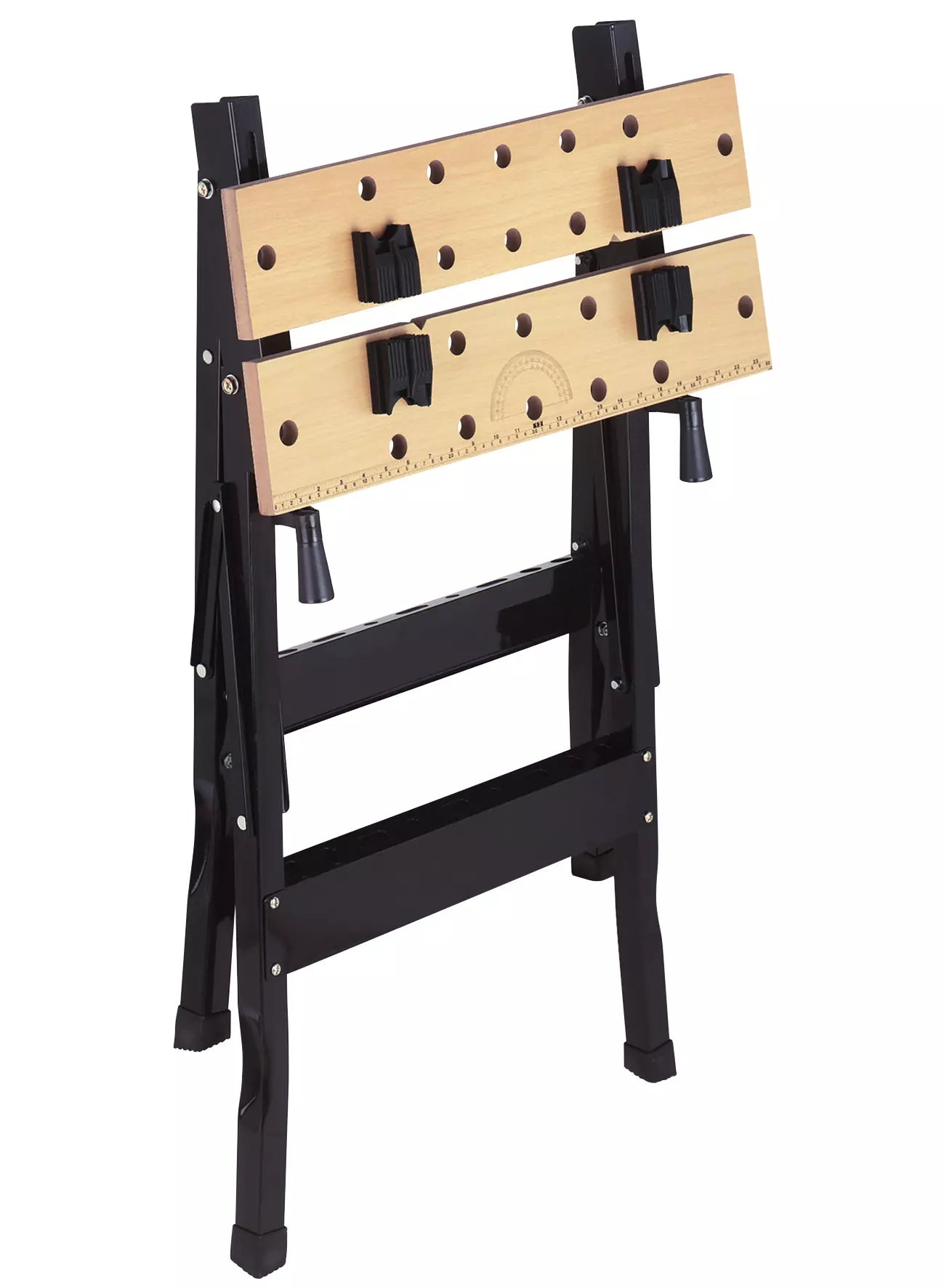 Banco da lavoro Einhell WB 50 in posizione piegata, con pannelli in legno dotati di griglia perforata, morse di serraggio e portautensili integrati, perfetto per lavori in officina e uso portatile. | Dematteis.it