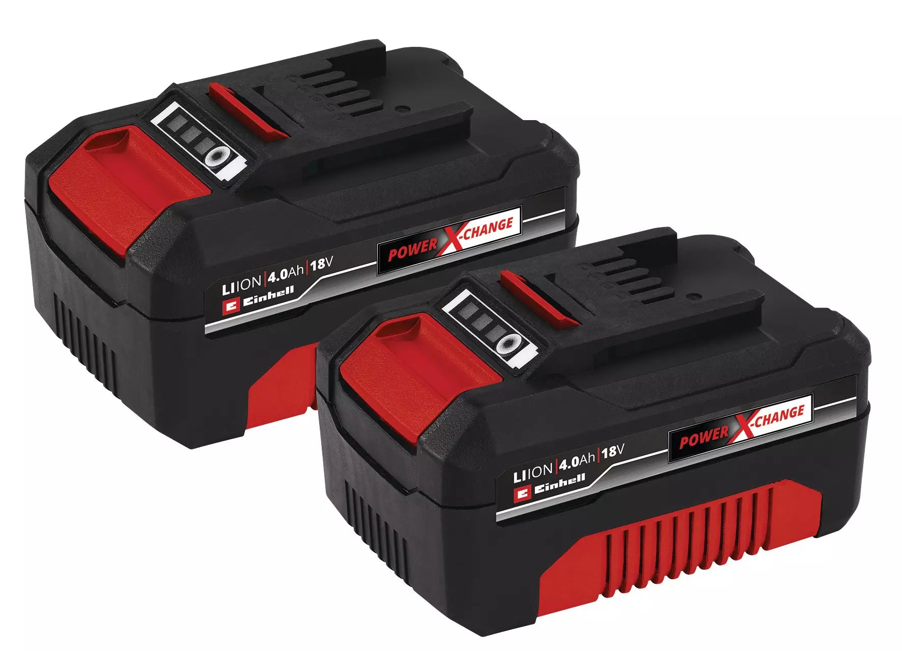 Batteria Pxc-Twinpack 4,0 Ah Einhell Power X-Change con tecnologia agli ioni di litio, sistema di controllo intelligente ABS e indicatore di carica a 3 LED. Design ergonomico con scocca gommata antiurto. | Dematteis.it