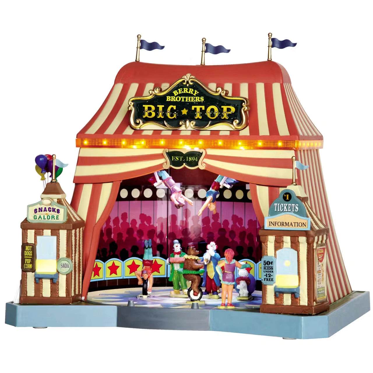 Berry Brothers Big Top Lemax con tendone a strisce rosse e gialle, personaggi animati del Circo Lemax e luci lampeggianti per Villaggio di Natale | Dematteis.it