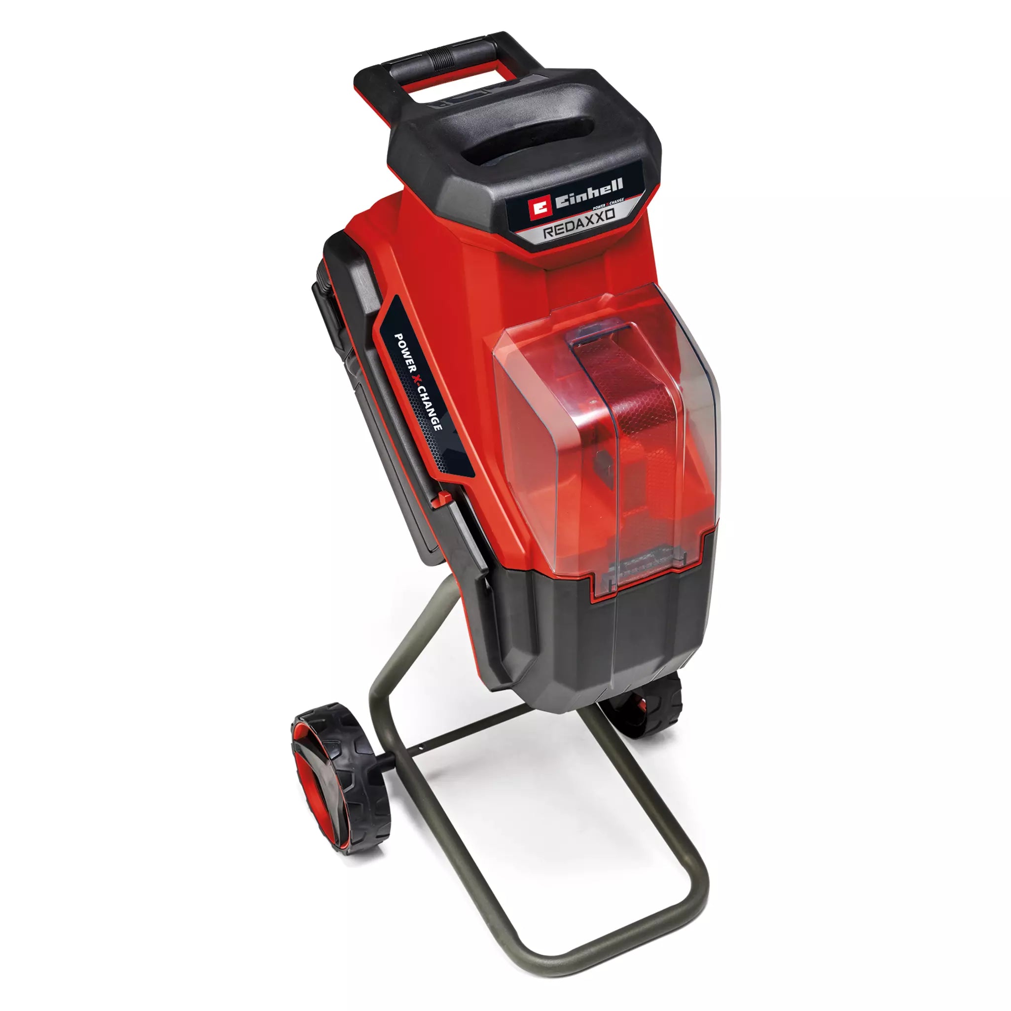 Biotrituratore REDAXXO 36/25 di Einhell con telaio robusto su ruote, tramoggia ampia e sistema a batteria Power X-Change, ideale per triturare rami e rifiuti da giardino senza cavi elettrici. | Dematteis.it