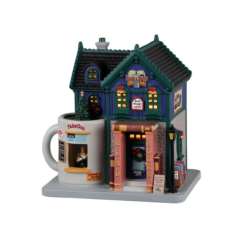 Books And Brews Cafe' Lemax, Libreria Caffetteria del Villaggio di Natale Lemax con tazza gigante bianca TakeOut integrata nella struttura - Dematteis.it