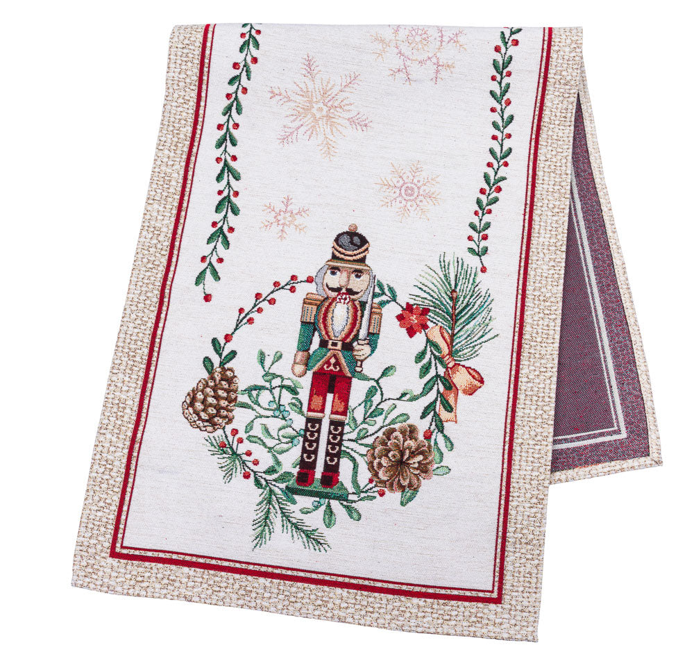 Runner Natalizio Schiaccianoci 37x100 cm per decorazione tavola natalizia con motivi festivi ricamati - DeMatteis.it