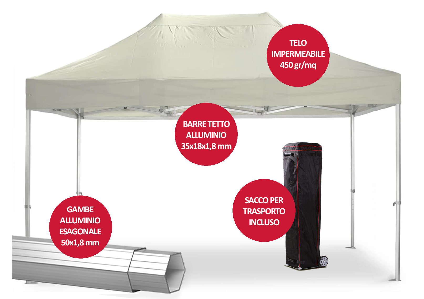 Gazebo Pieghevole 3x4,5 M Alluminio Beige Pro50, con Custodia