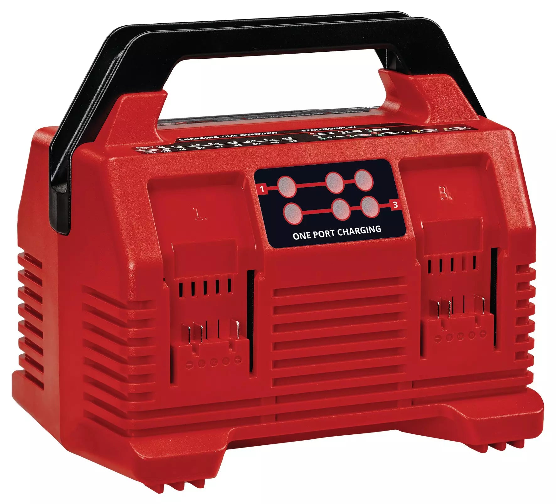 Caricabatteria Power X-Quattrocharger 4A di Einhell di colore rosso con maniglia ergonomica nera, display a LED e quattro slot per la ricarica simultanea delle batterie del sistema Power X-Change. | Dematteis.it