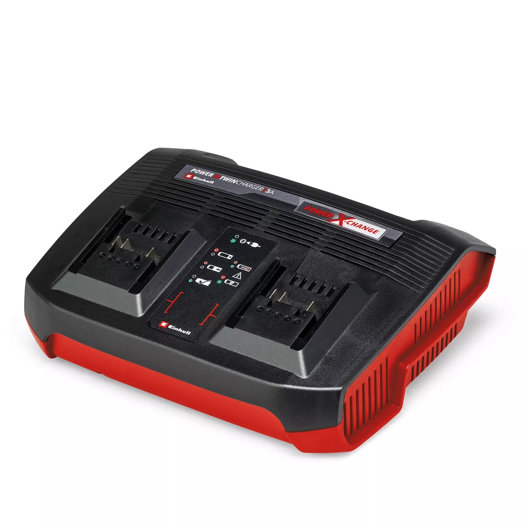 Il caricabatterie Einhell Power X-Twincharger 3A con tecnologia di ricarica rapida, modalità refresh per batterie scariche e sistema di monitoraggio avanzato con indicatori LED multilivello. | Dematteis.it