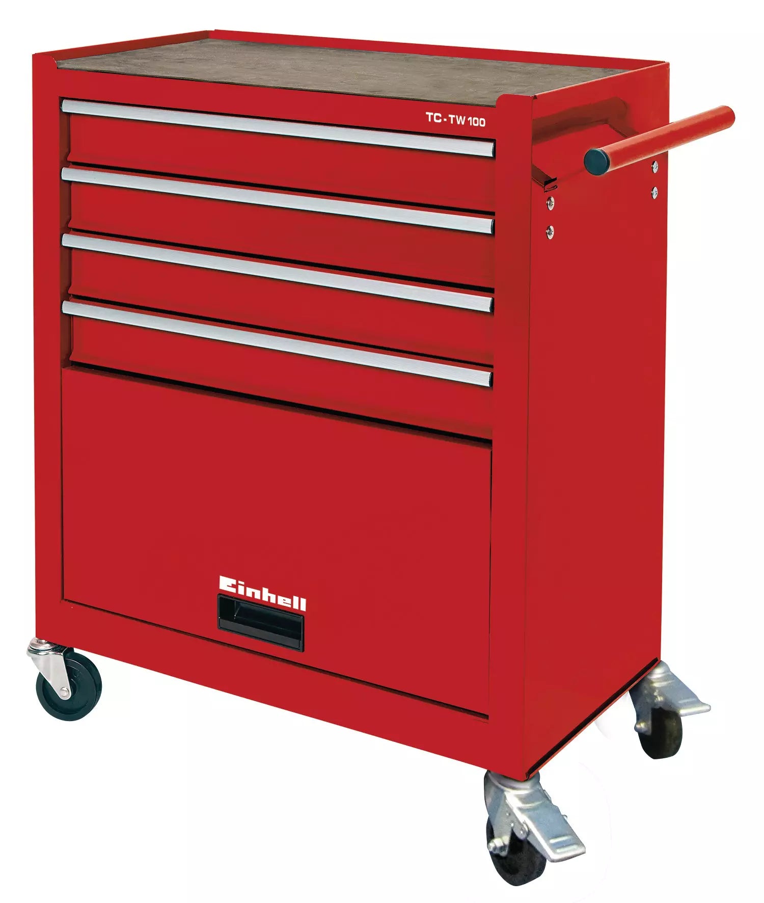 Il pratico carrello da officina Einhell TC-TW 100 dotato di sistema Interlock, maniglione di spinta ergonomico e scomparto portaoggetti con sportello, ideale per l'organizzazione degli attrezzi da lavoro. | Dematteis.it