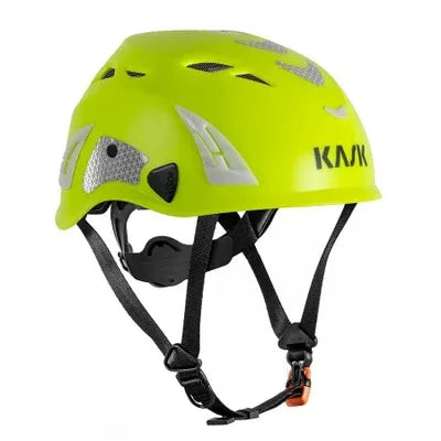 Casco Kask Superplasma Aq Hi Viz Yellow Fluo con calotta fluorescente ad alta visibilità, sistema di ventilazione a 10 aperture e regolazione Quick Fit per massima sicurezza professionale.| Dematteis.it
