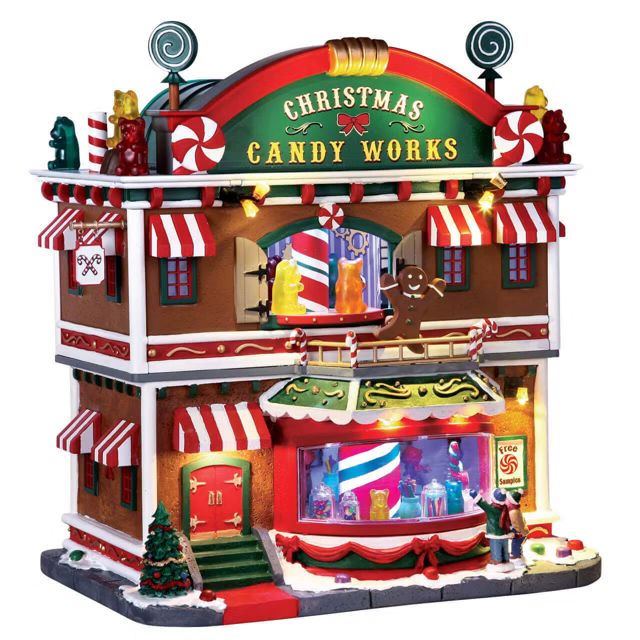Christmas Candy Works Lemax: Fabbrica di Caramelle illuminata a due piani con tende rosse e bianche, vetrine luminose e decorazioni natalizie per Villaggio di Natale Lemax. | Dematteis.it