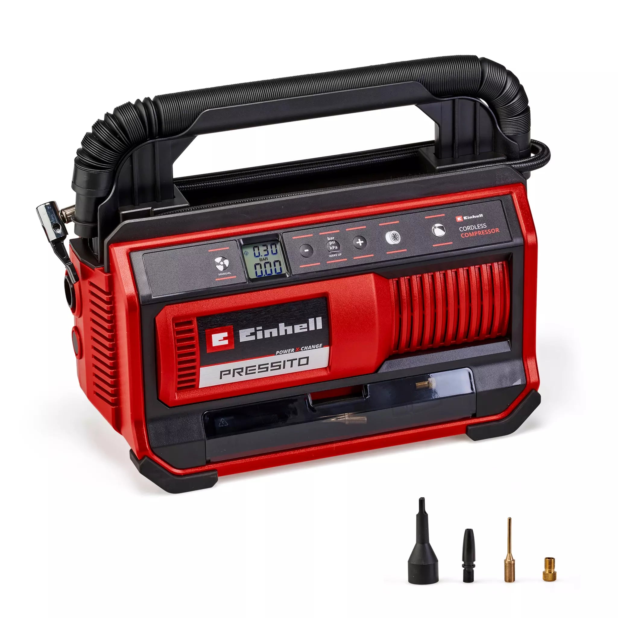 Compressore PRESSITO 18/25 di Einhell con design rosso e nero, display digitale LCD e maniglia ergonomica. Compressore a batteria versatile per gonfiare pneumatici, palloni e materassini con accessori inclusi. | Dematteis.it