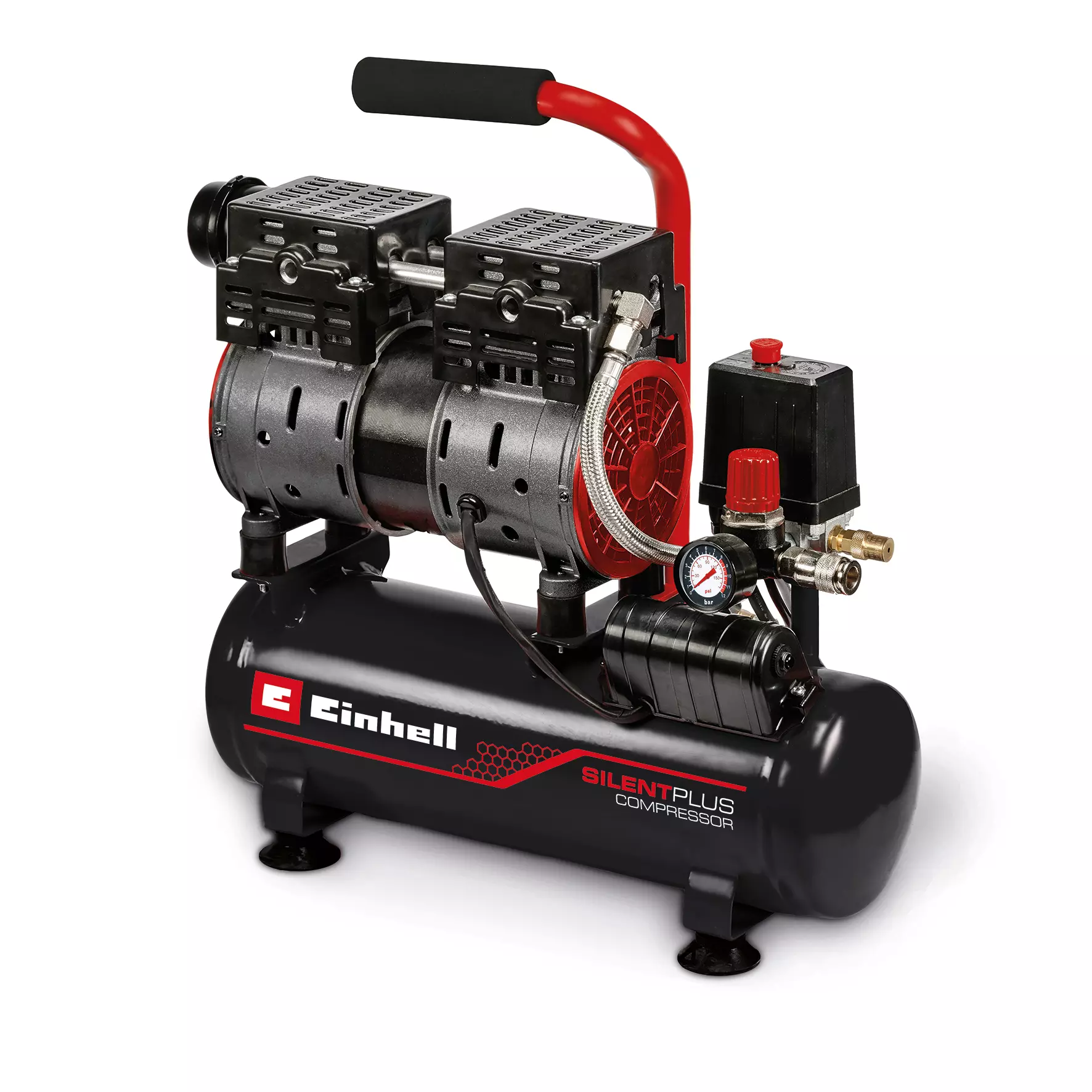 Compressore TE AC 110/6 Silent Plus di Einhell con serbatoio da 6 litri, motore oil-free e rumorosità di soli 57dB. Design compatto con maniglia ergonomica, manometro e attacco rapido per massima praticità. | Dematteis.it
