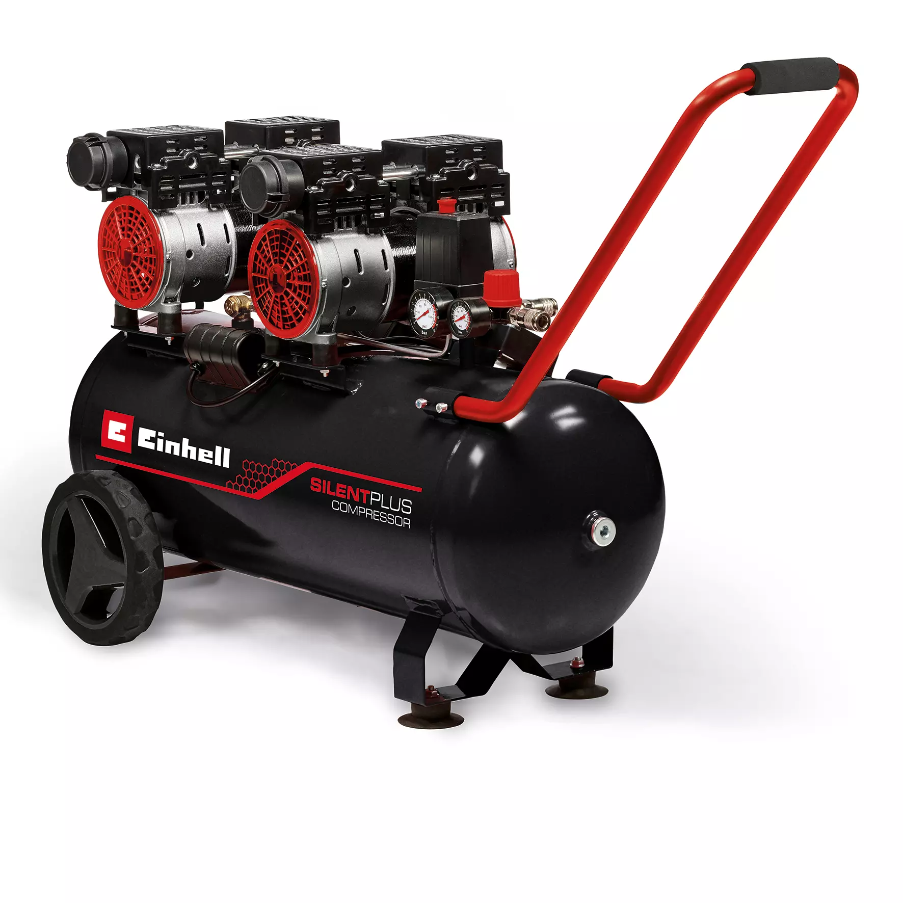 Compressore TE AC 270/50 Silent Plus di Einhell con serbatoio da 50 litri, doppio manometro, ruote grandi per trasporto e maniglia rossa ergonomica, ideale per lavori che richiedono bassa rumorosità. | Dematteis.it