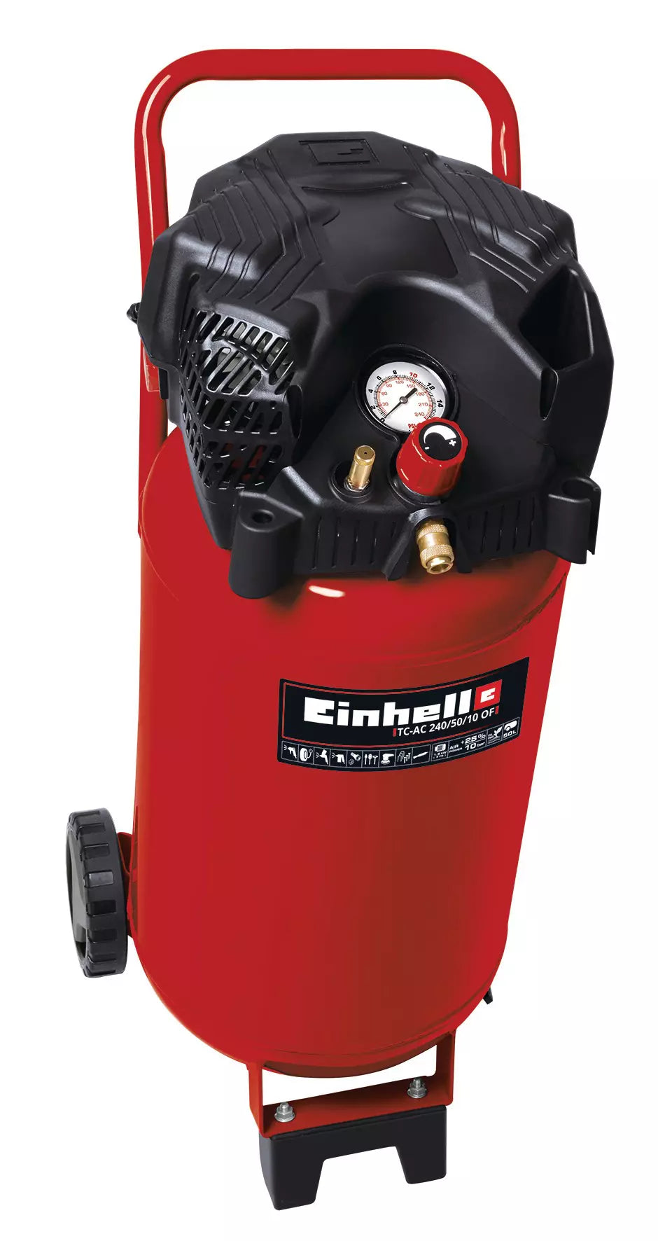 Compressore autolubrificato TC AC 240/50/10 OF Einhell con serbatoio rosso da 50 litri, manometro integrato e attacco rapido, ideale per lavori domestici e professionali fino a 10 bar. | Dematteis.it