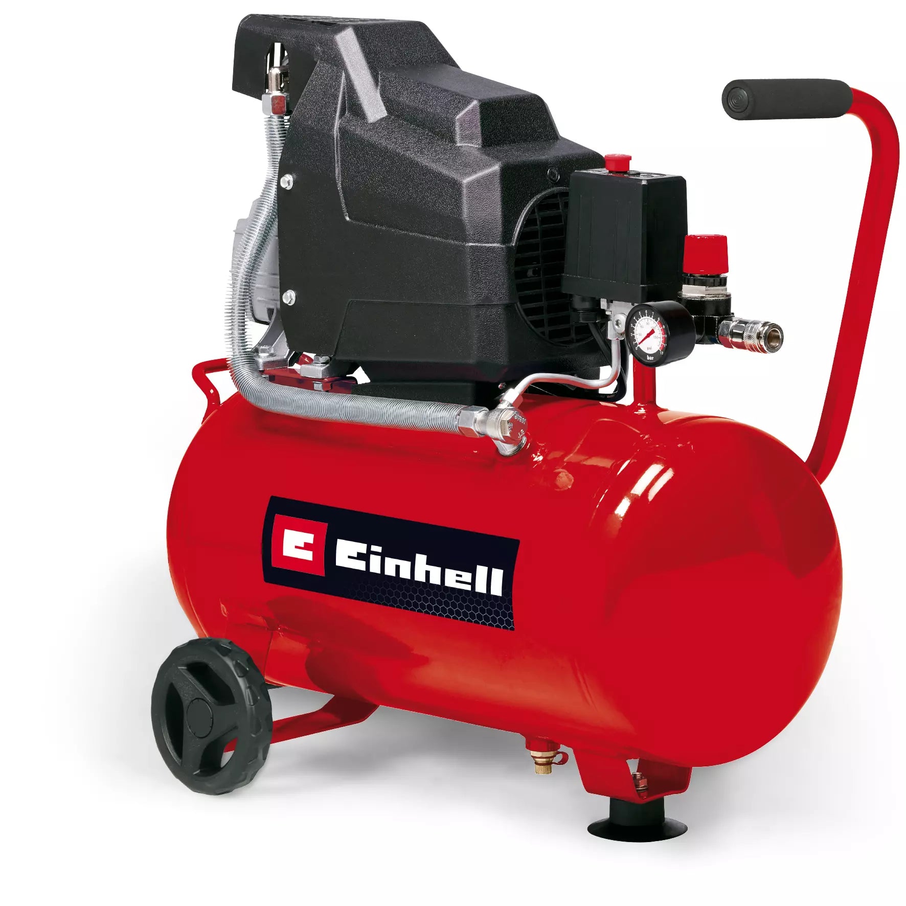 Il compressore Einhell TC AC 190/24/8 con serbatoio da 24 litri, pompa lubrificata ad olio, maniglia di trasporto, piedini antivibrazione e innesto rapido per utensili pneumatici. | Dematteis.it