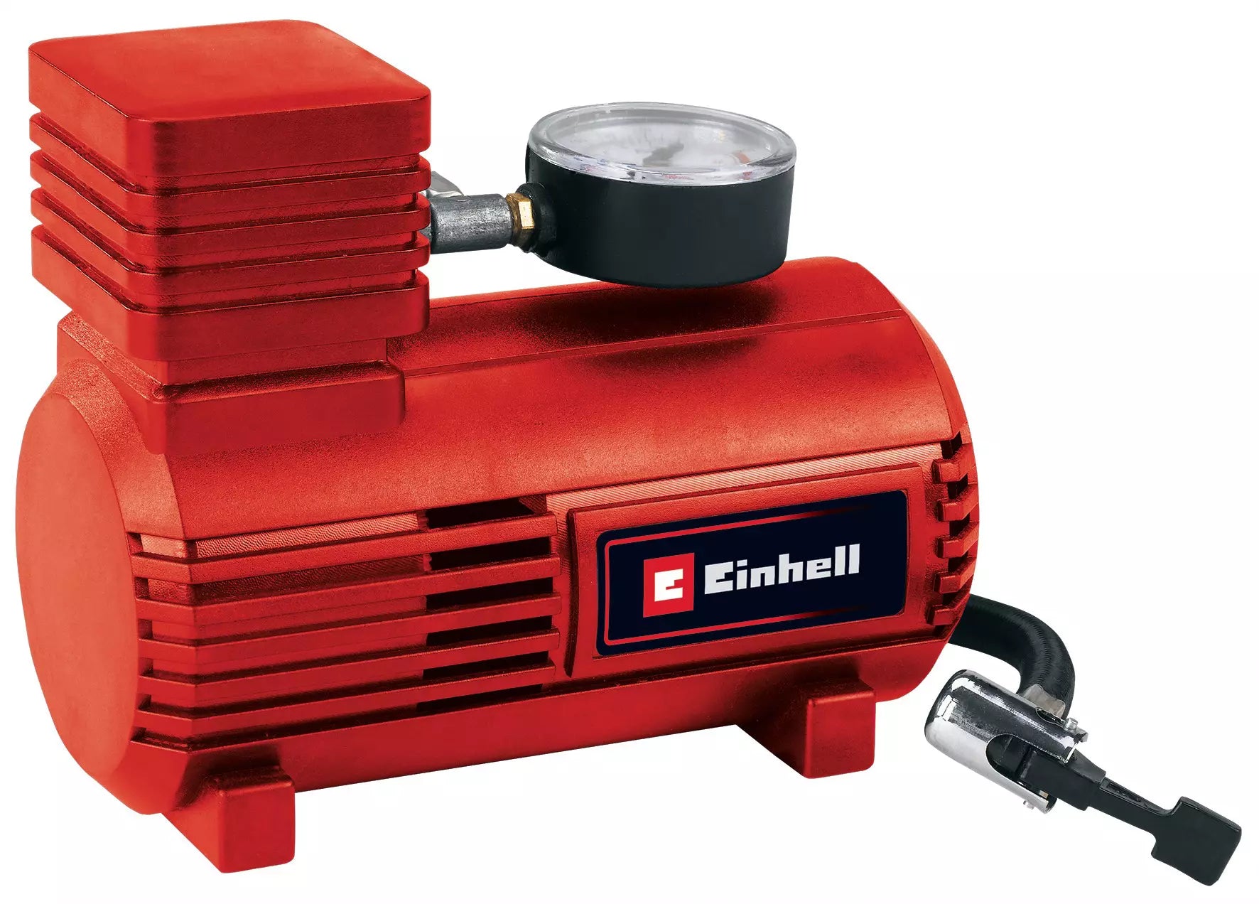 Compressore per auto CC-AC 12V Einhell di colore rosso con manometro integrato da 0-18 bar, connettore per presa accendisigari e pistola con tubo flessibile per gonfiaggio pneumatici e altri accessori. | Dematteis.it