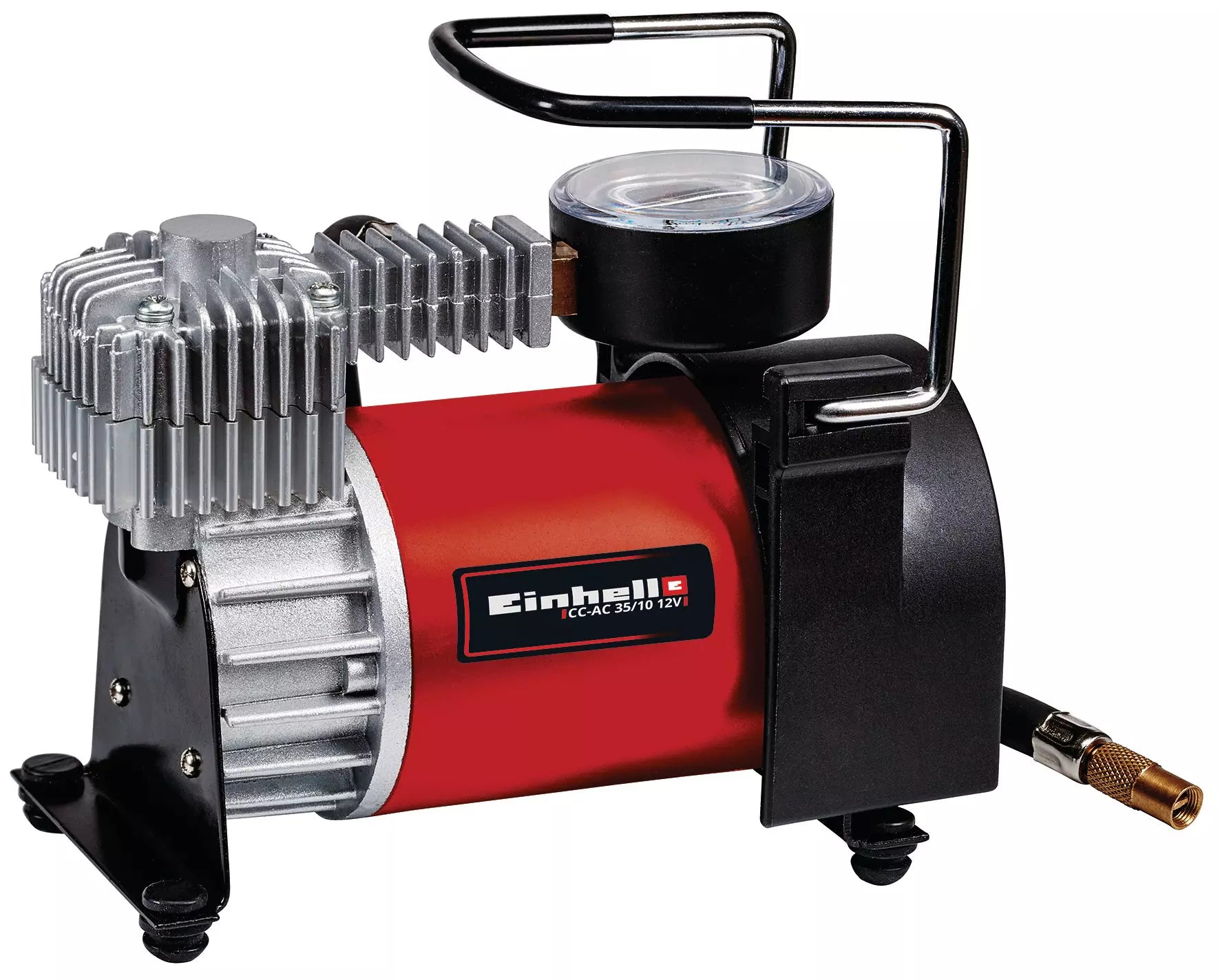 Il compressore per auto Einhell CC-AC 35/10 12V con manometro fino a 10 bar, design compatto, cavo da 2,8m per accendisigari e 4 adattatori per pneumatici, palloni e materassini. | Dematteis.it