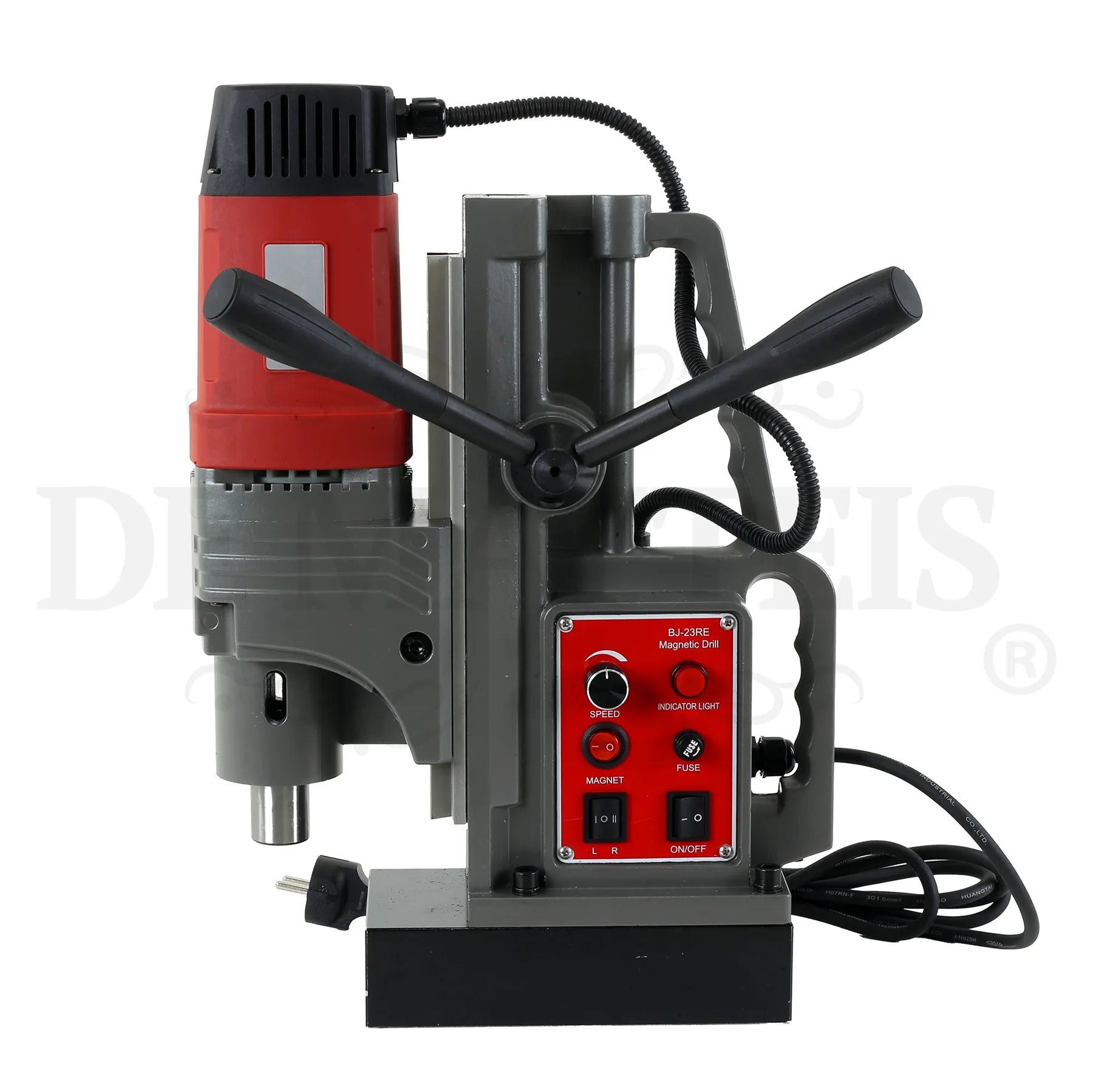 Trapano magnetico BJ-23RE vista frontale con pannello comandi rosso: regolatore velocità, interruttore magnete, selettore L/R e spia luminosa | DeMatteis.it