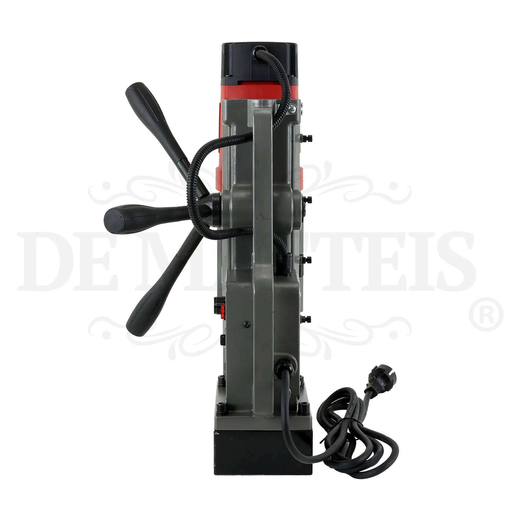 Vista laterale destra del trapano magnetico BJ-28RE 2080 W con colonna di scorrimento, tubo flessibile di lubrificazione e cavo di alimentazione | DeMatteis.it