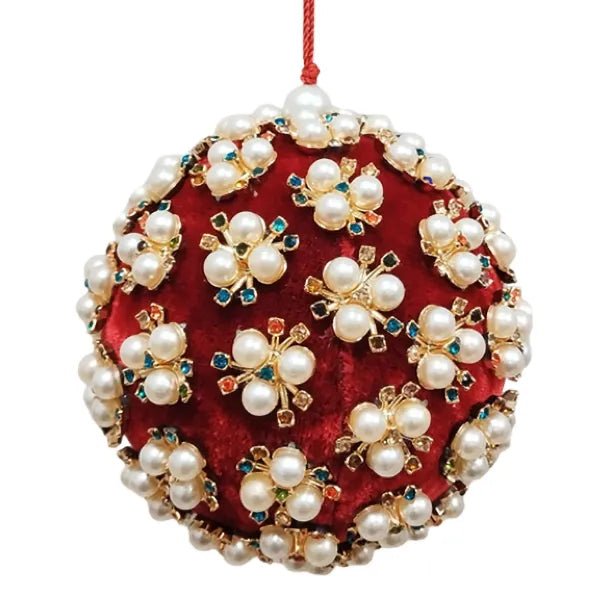 Palla D 10 Cm Rossa Fiori Perle