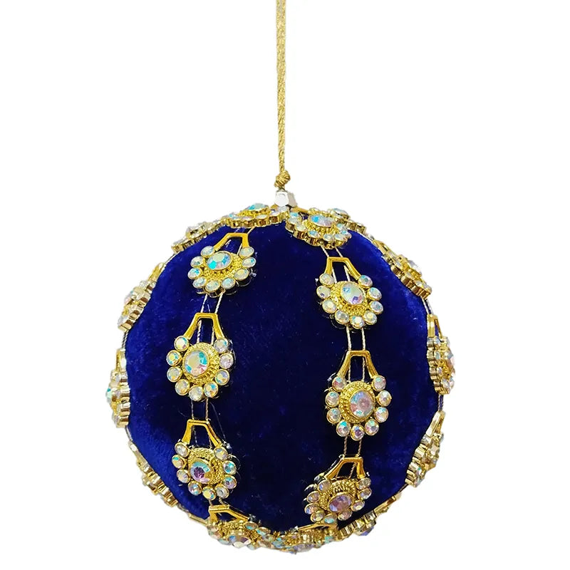 Palla decorativa natalizia da 10 cm in velluto blu con gemme e decorazioni dorate per addobbi natalizi - DeMatteis.it