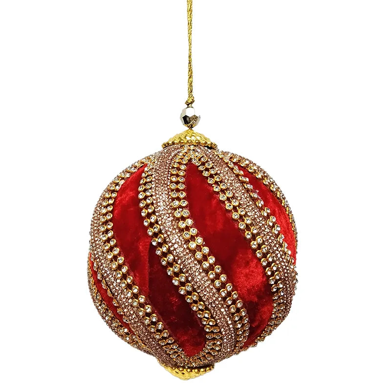 Palla D 10 Cm Velluto Rosso E Nastro Perle