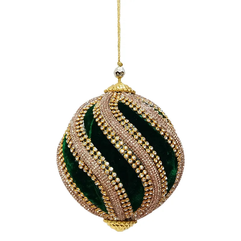 Palla D 10 Cm Velluto Verde E Nastro Perle